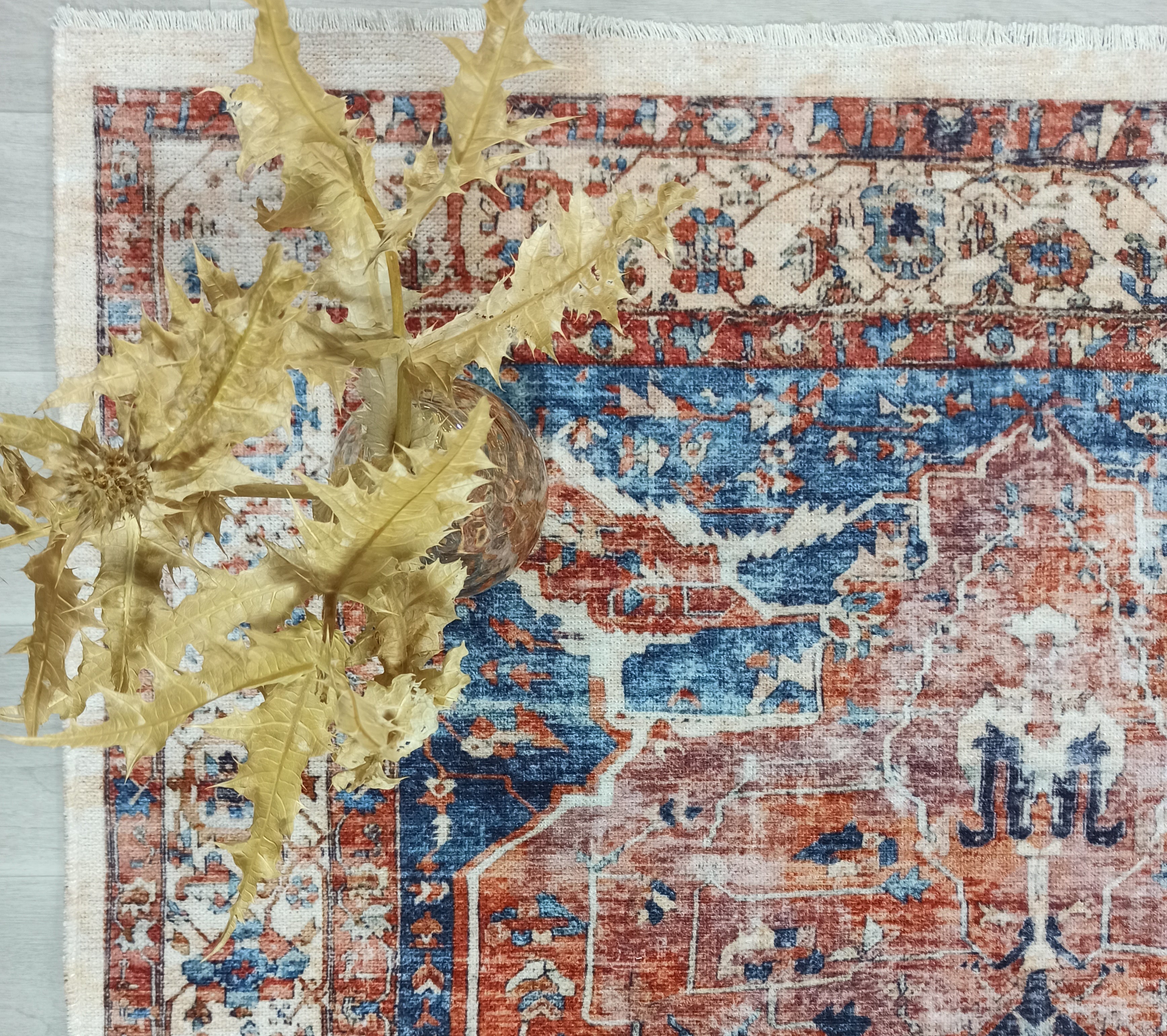 Sema Turkish Vintage Medallion Style Orange Navy Blue Rug