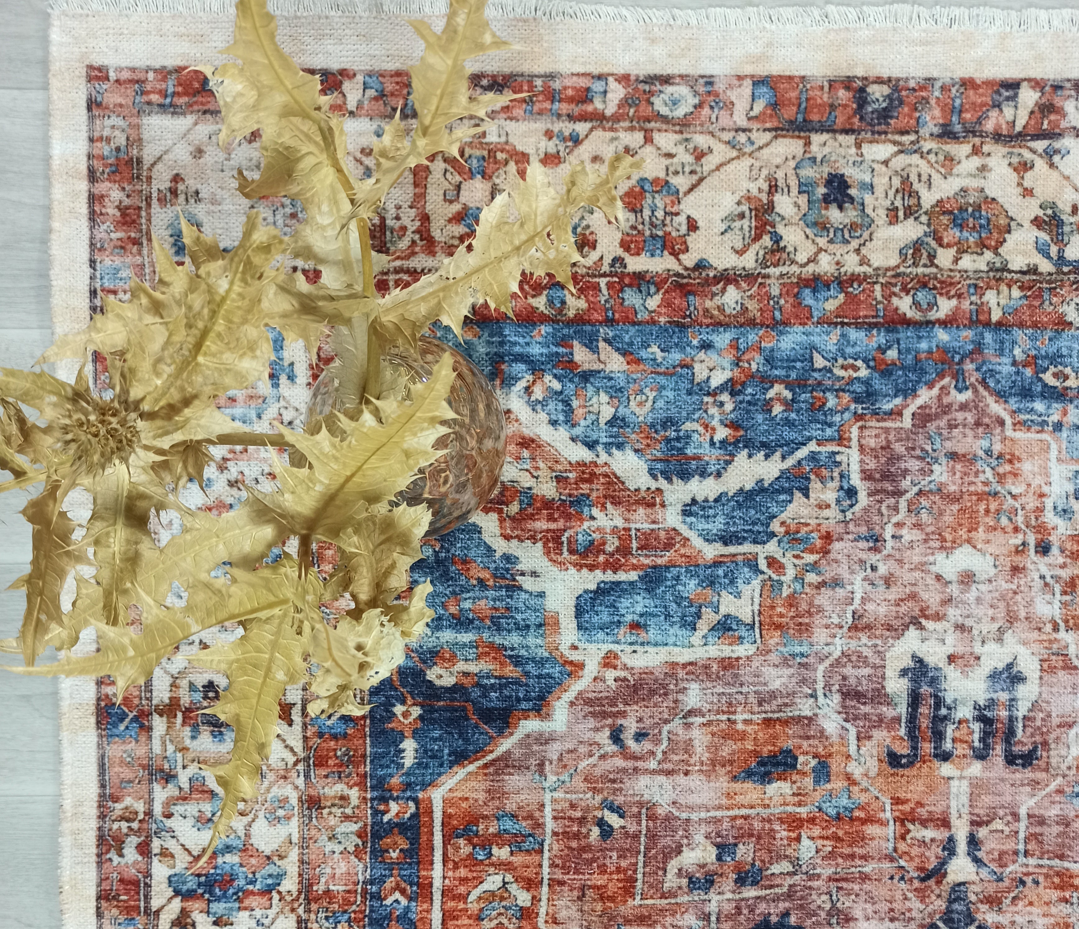 Sema Turkish Vintage Medallion Style Orange Navy Blue Rug