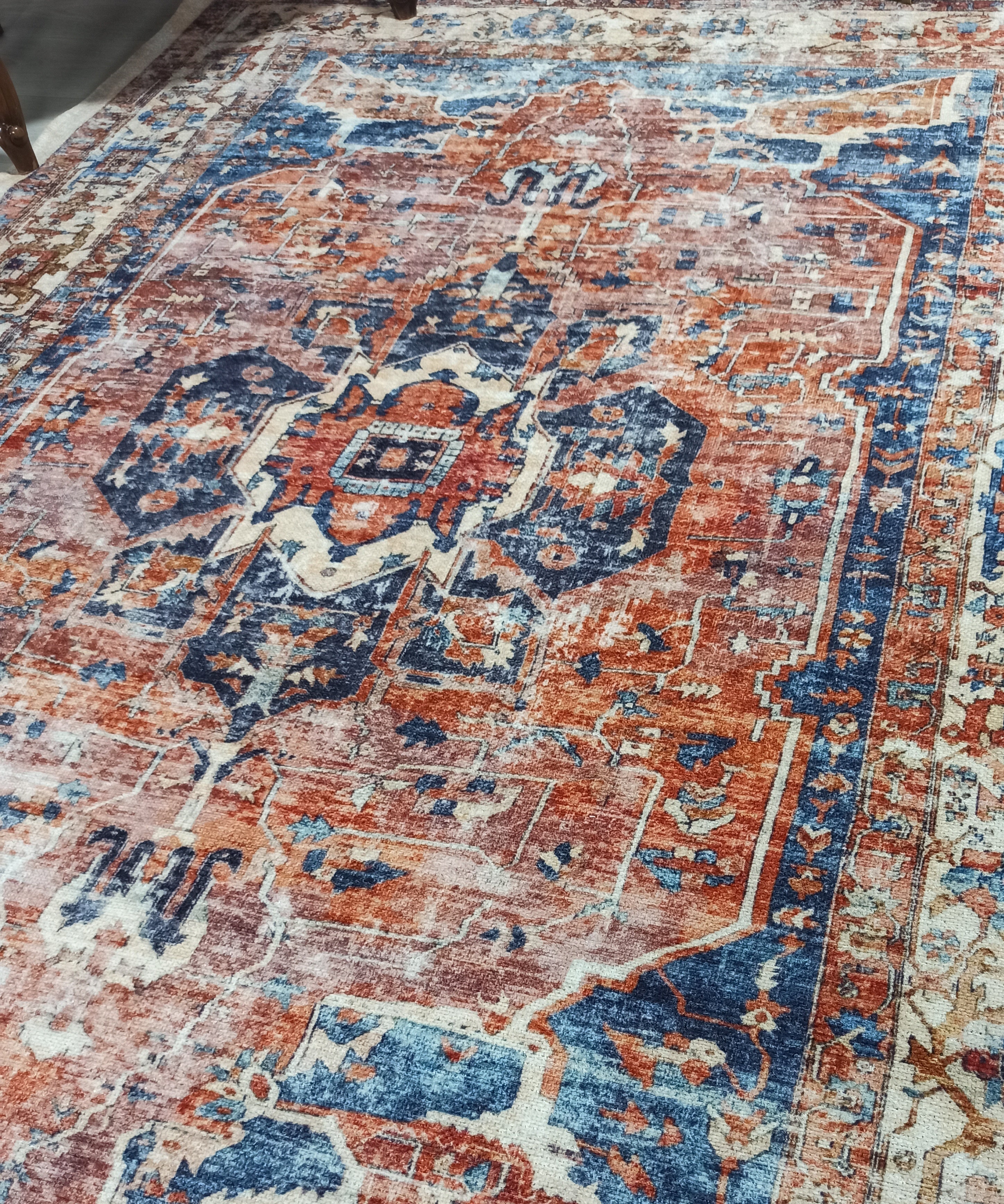 Sema Turkish Vintage Medallion Style Orange Navy Blue Rug