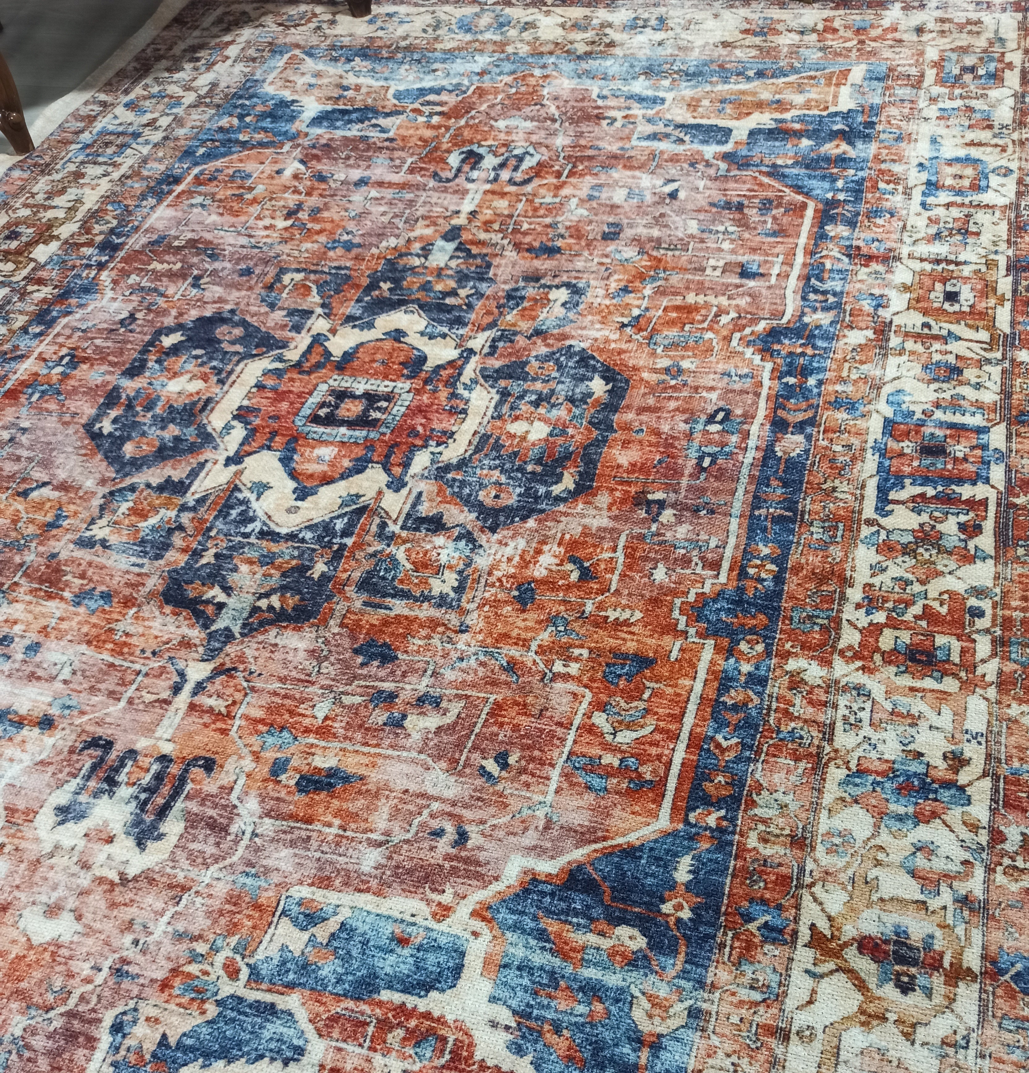 Sema Turkish Vintage Medallion Style Orange Navy Blue Rug