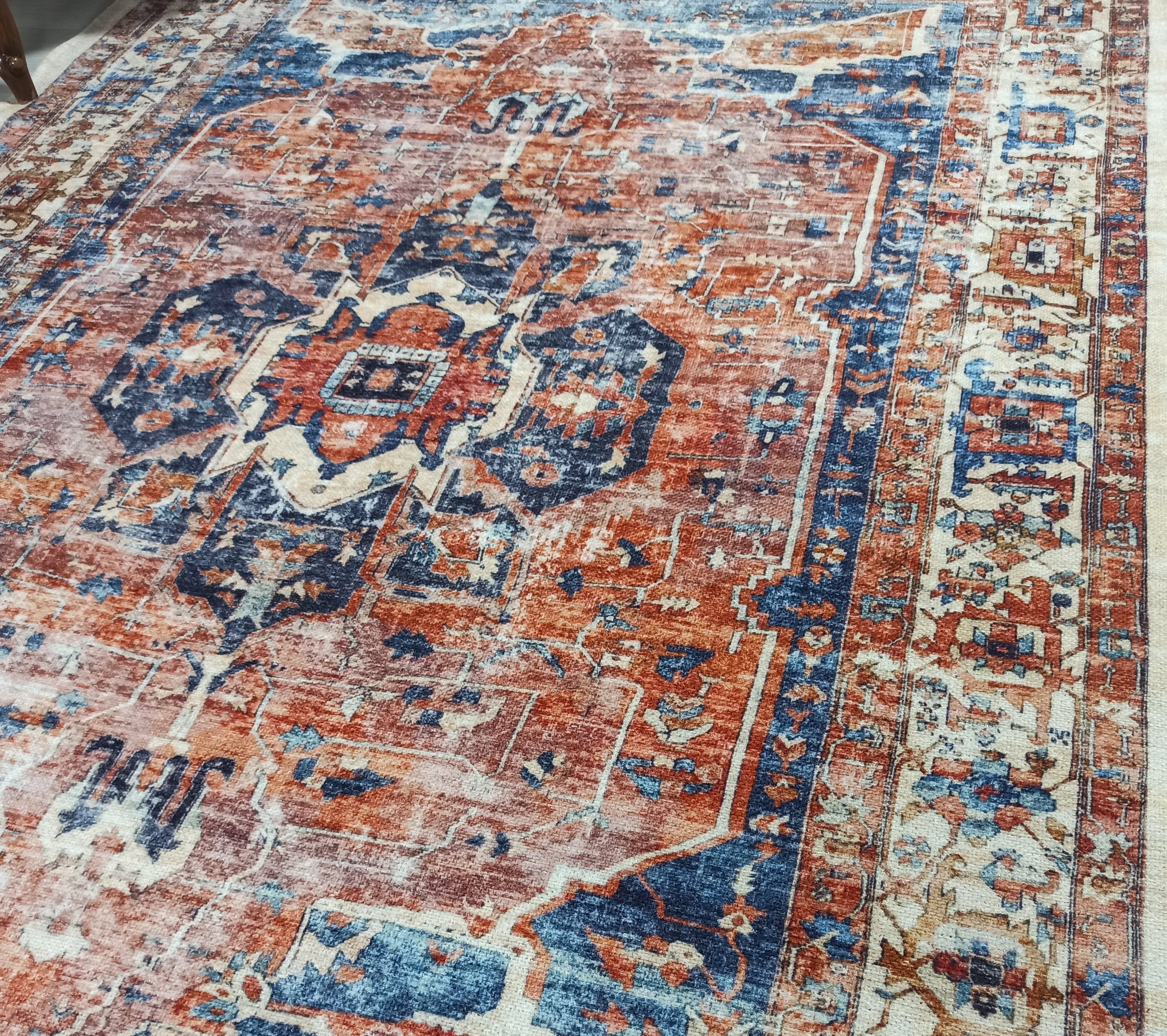 Sema Turkish Vintage Medallion Style Orange Navy Blue Rug