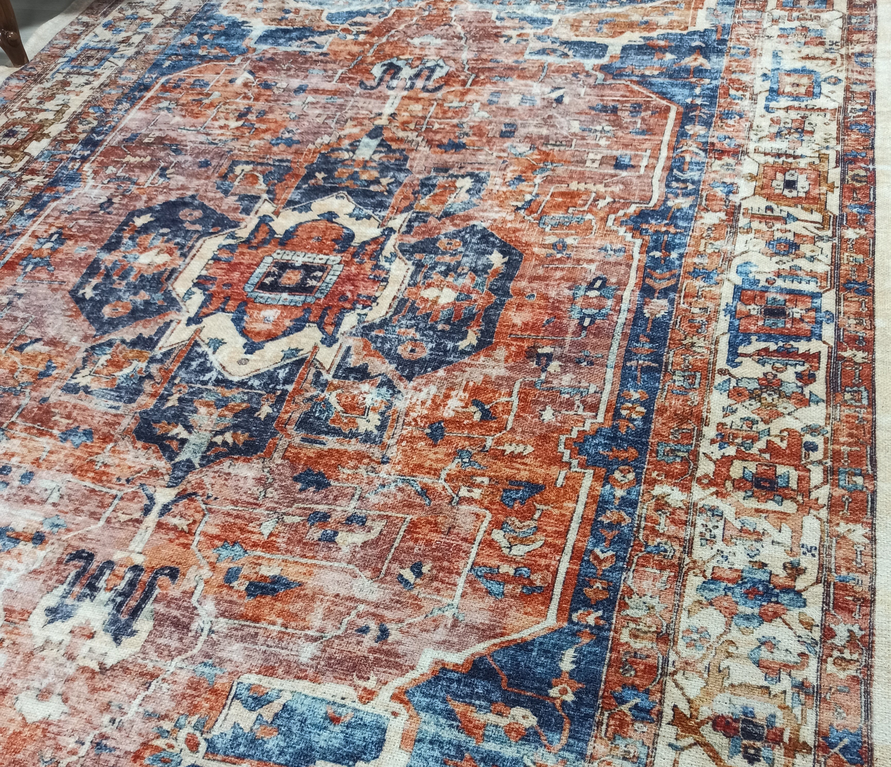 Sema Turkish Vintage Medallion Style Orange Navy Blue Rug