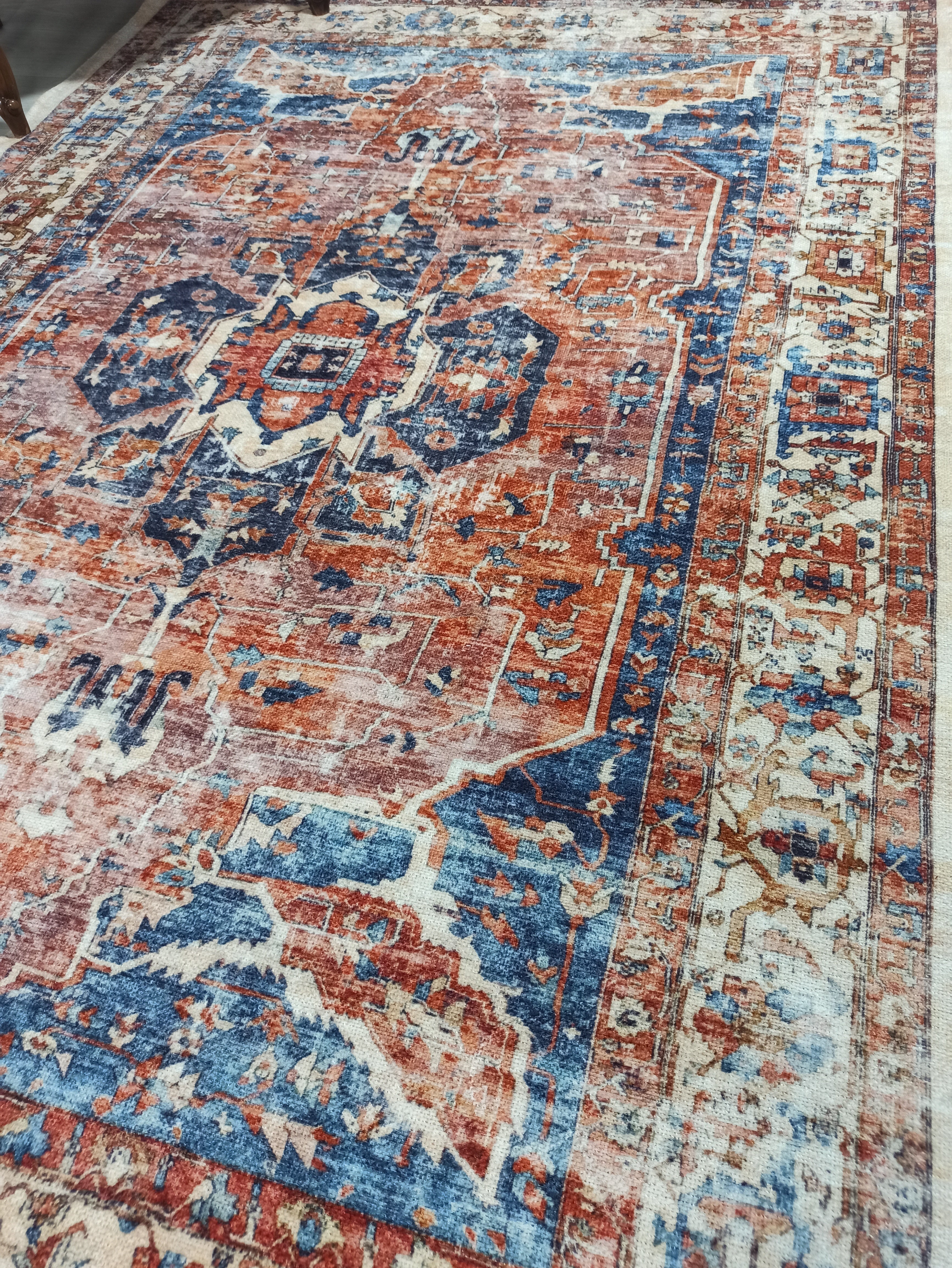 Sema Turkish Vintage Medallion Style Orange Navy Blue Rug