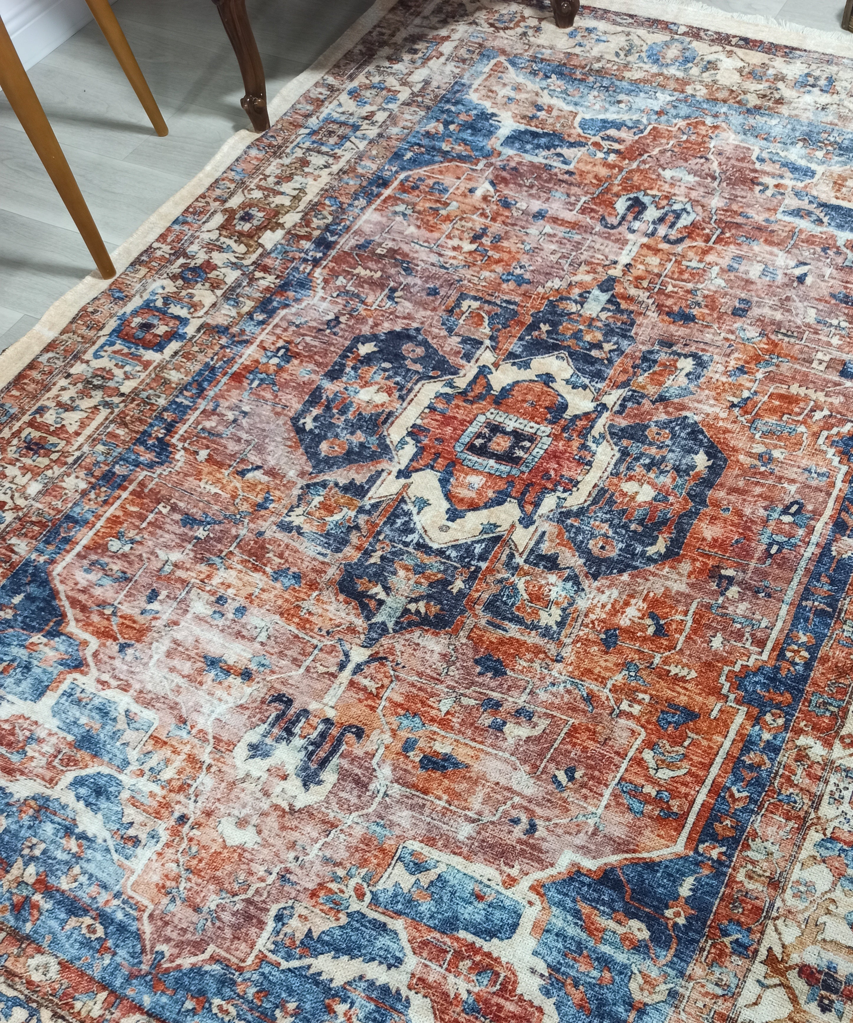 Sema Turkish Vintage Medallion Style Orange Navy Blue Rug