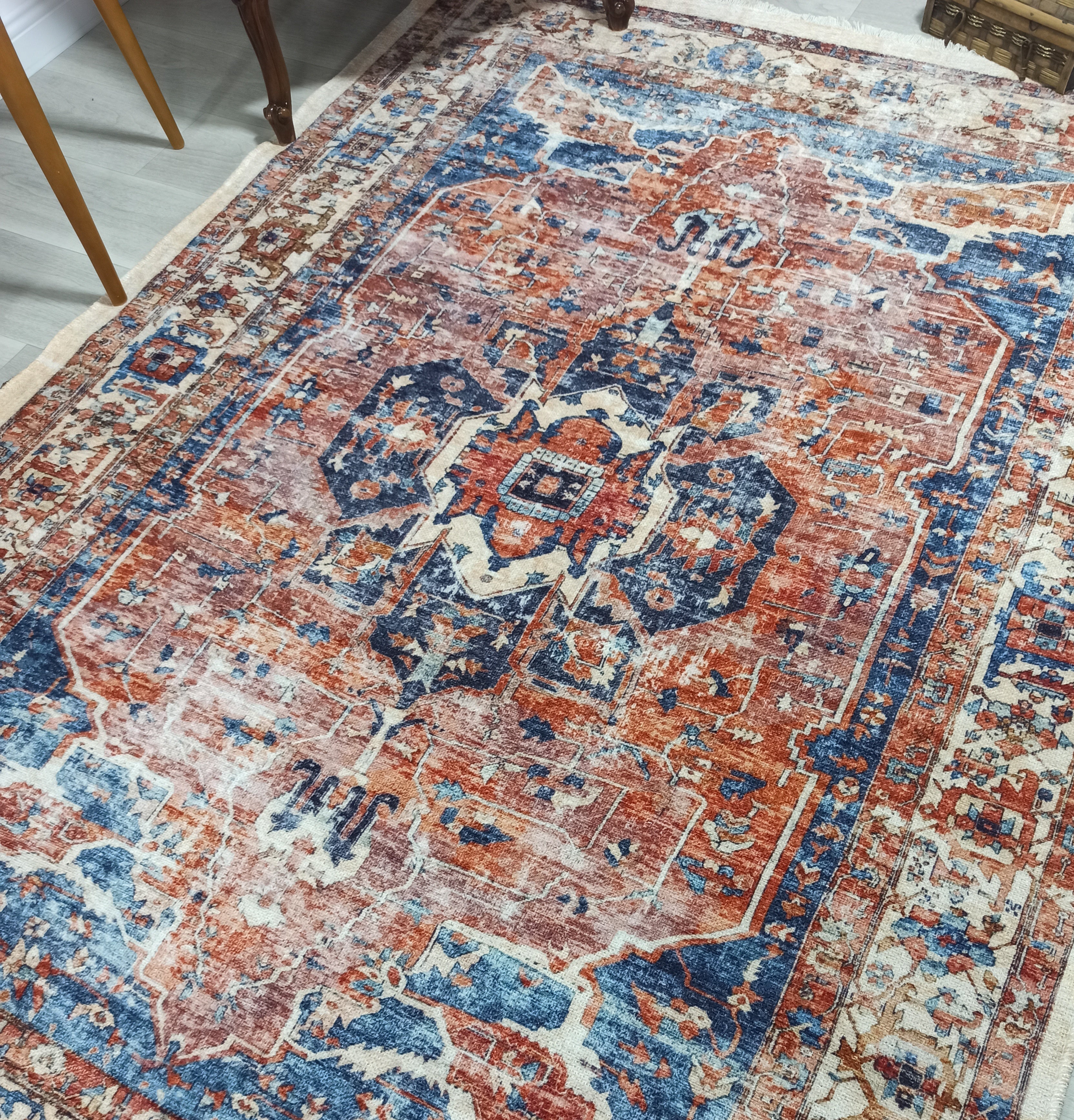 Sema Turkish Vintage Medallion Style Orange Navy Blue Rug
