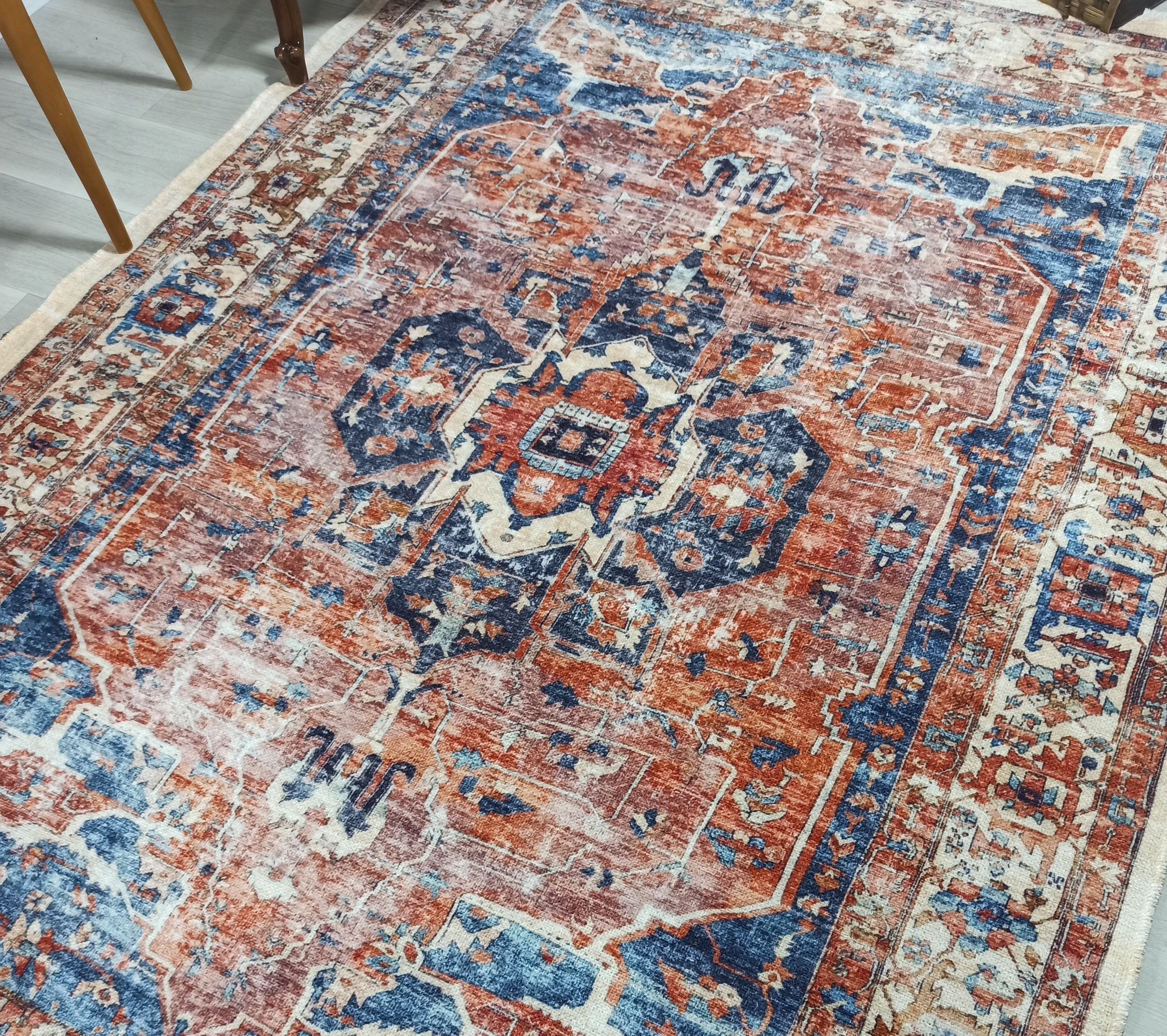 Sema Turkish Vintage Medallion Style Orange Navy Blue Rug