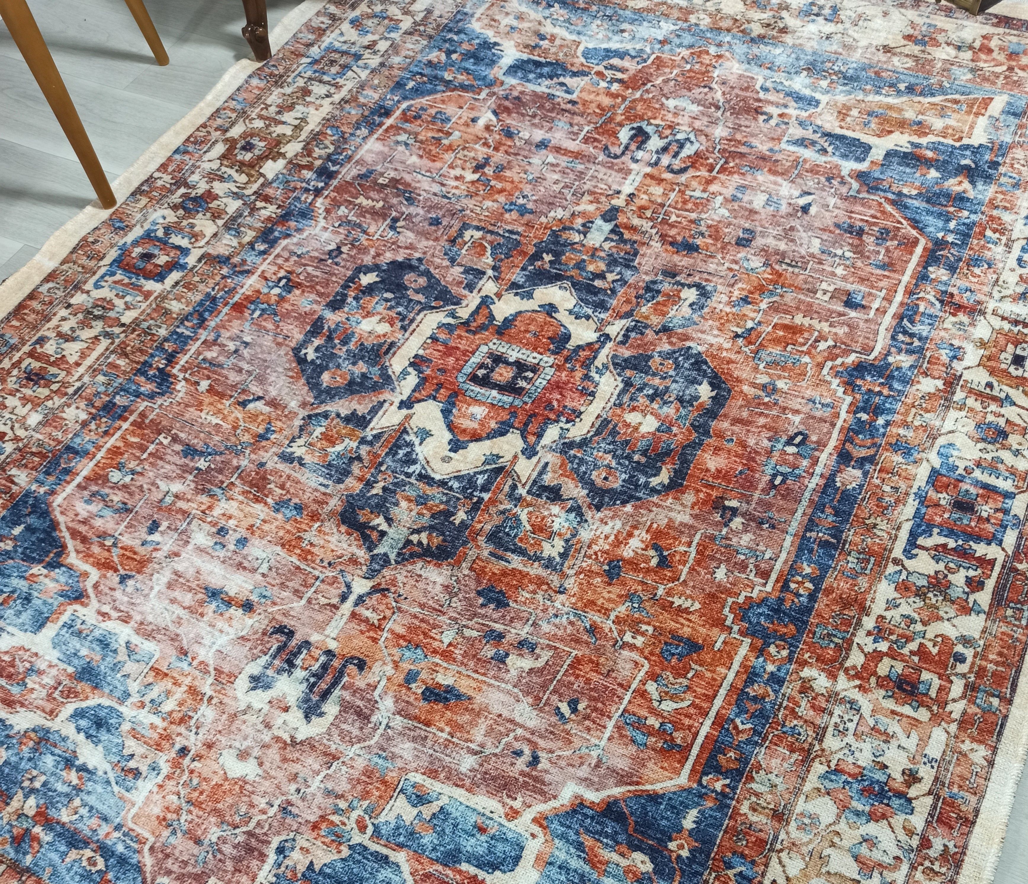 Sema Turkish Vintage Medallion Style Orange Navy Blue Rug