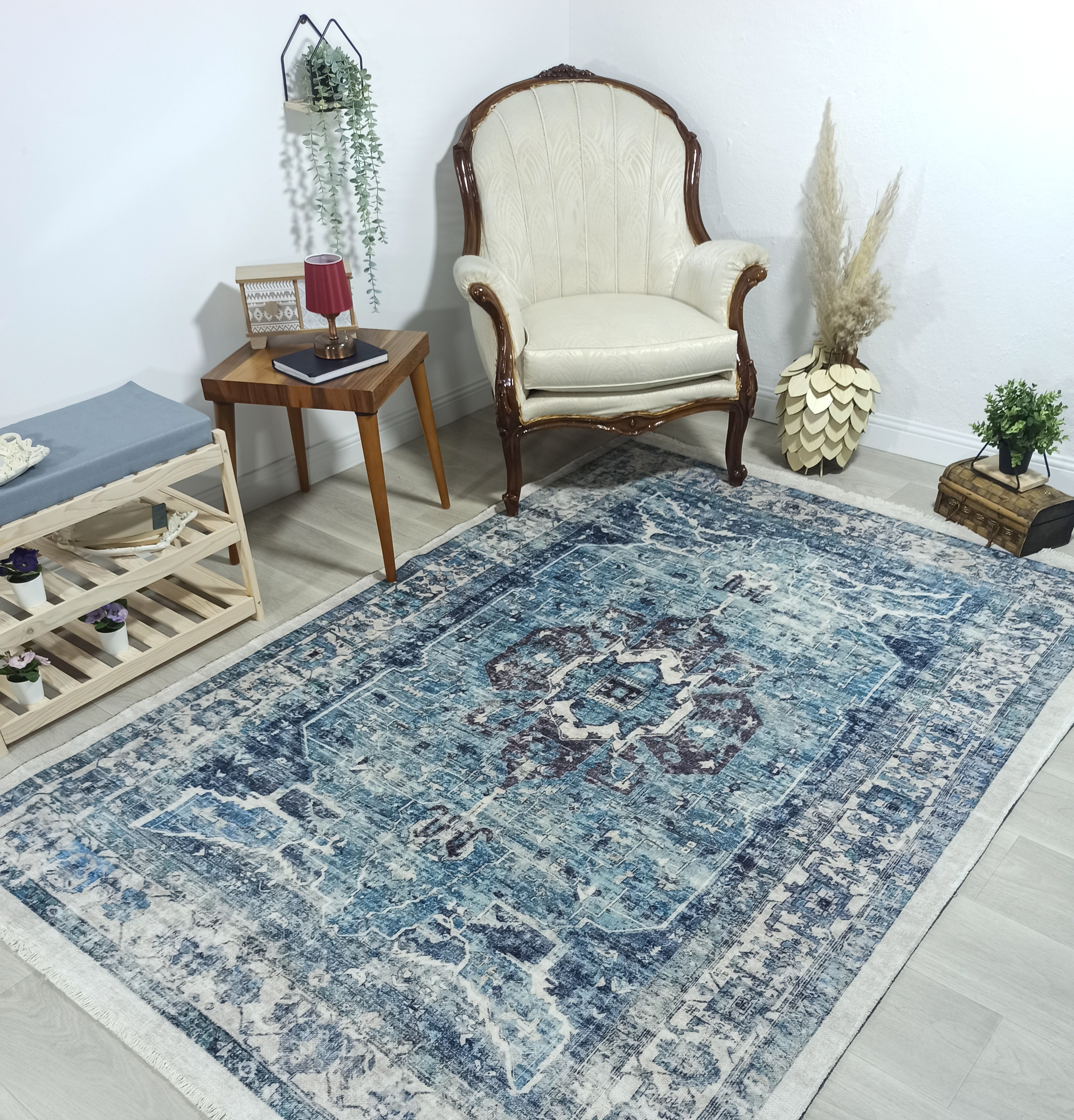 Asi Turkish Vintage Medallion Style Blue Rug