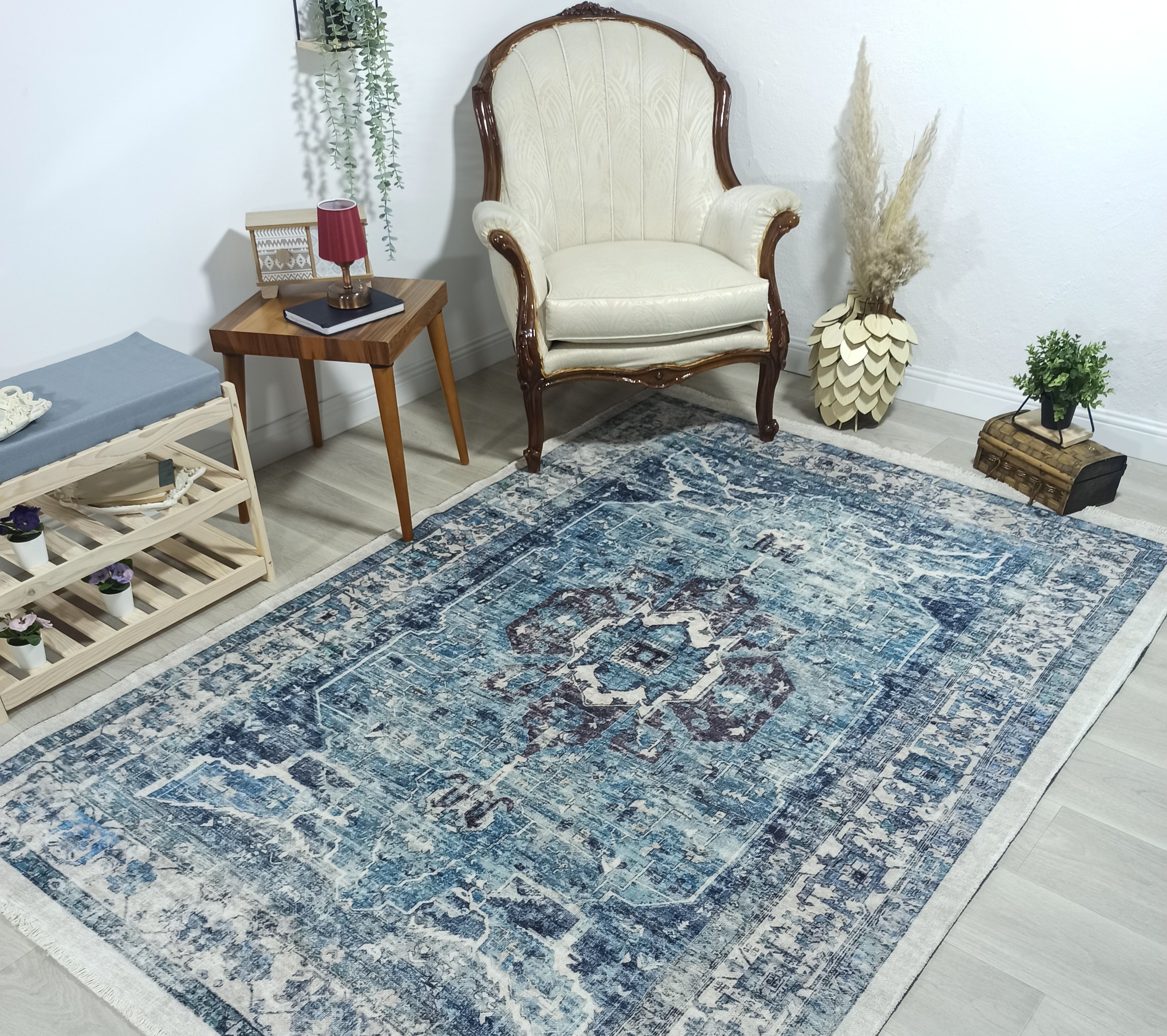Asi Turkish Vintage Medallion Style Blue Rug