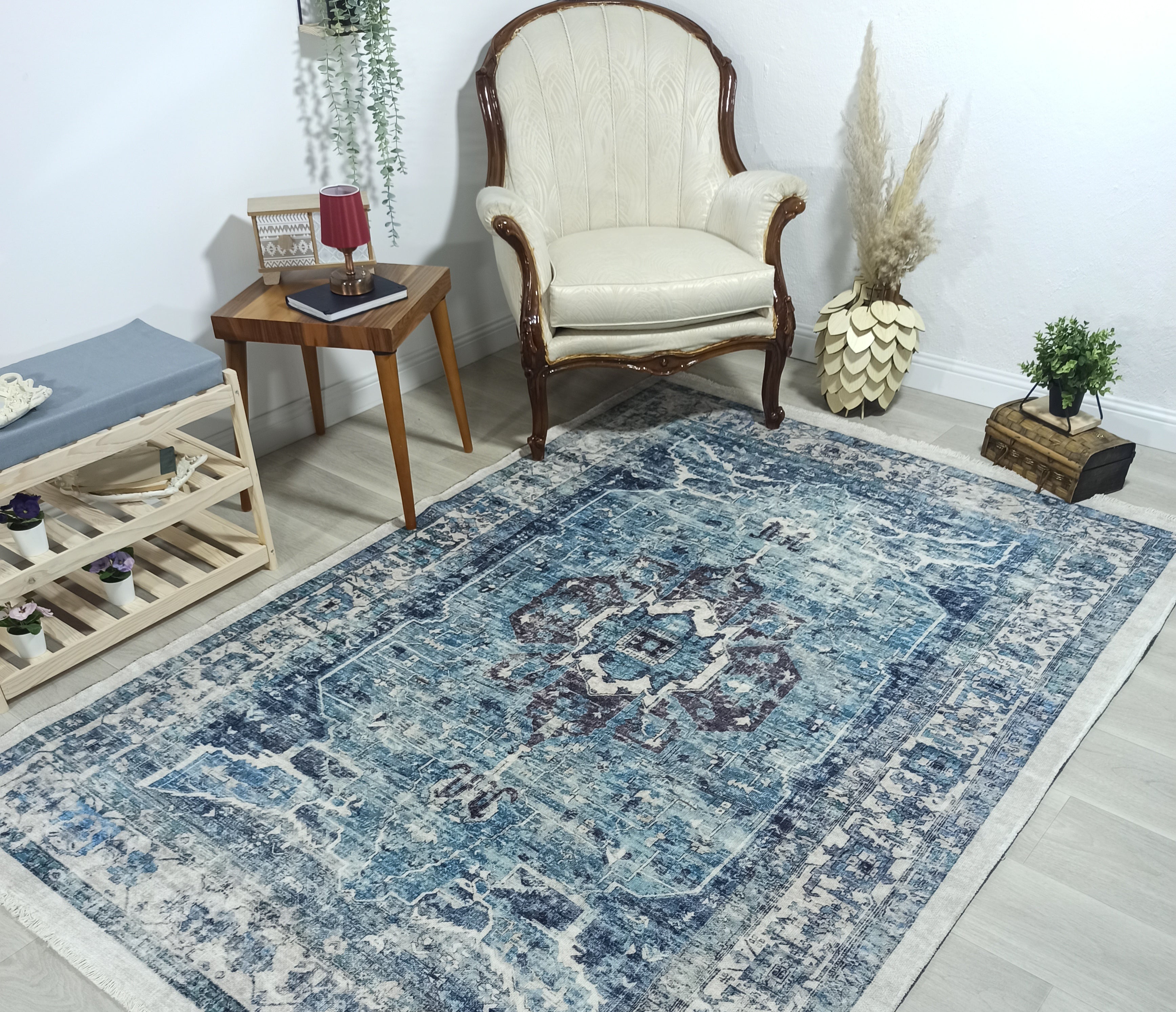 Asi Turkish Vintage Medallion Style Blue Rug