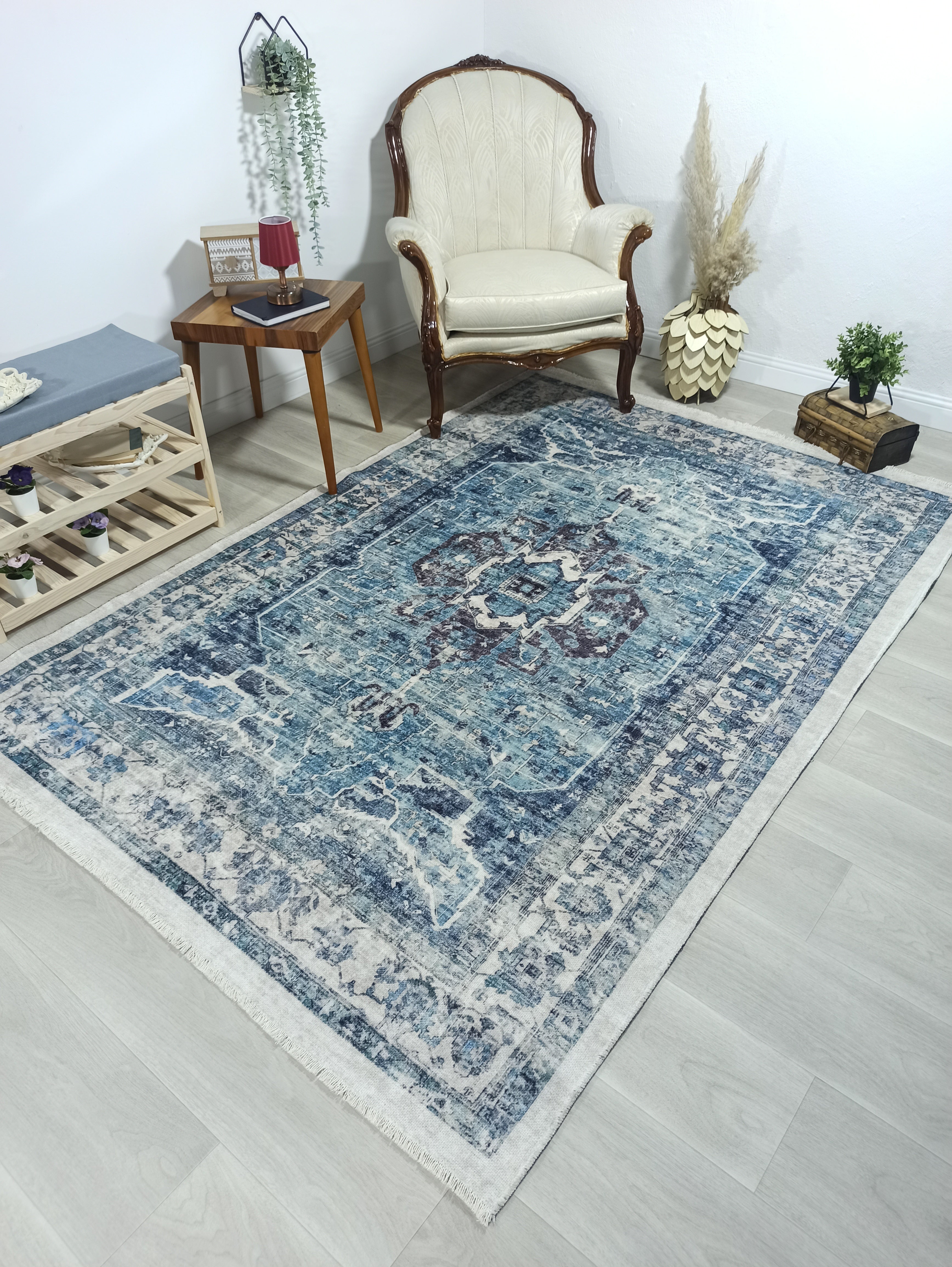 Asi Turkish Vintage Medallion Style Blue Rug