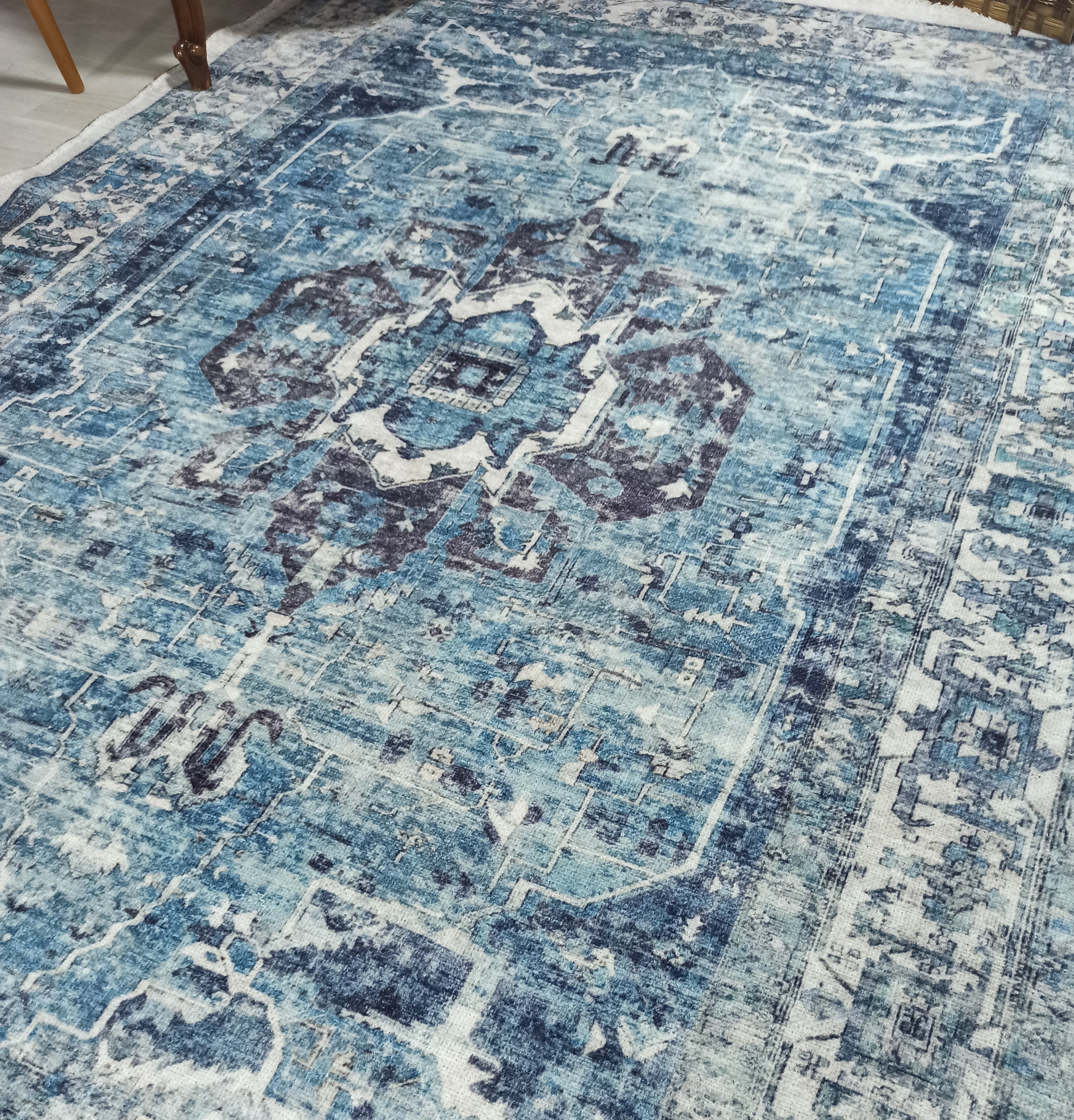 Asi Turkish Vintage Medallion Style Blue Rug