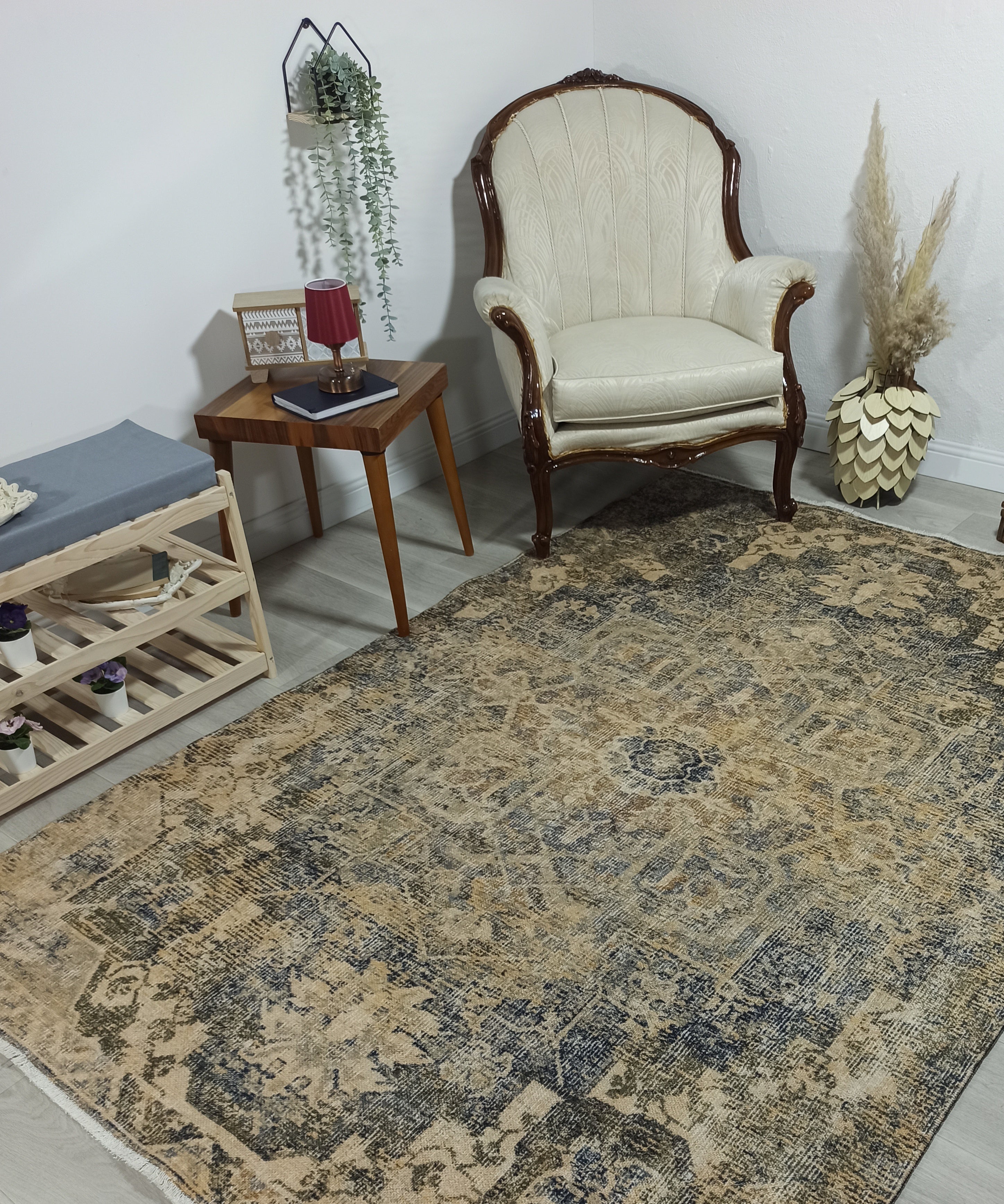 Aliye Turkish Medallion Style Green Beige Vintage Rug