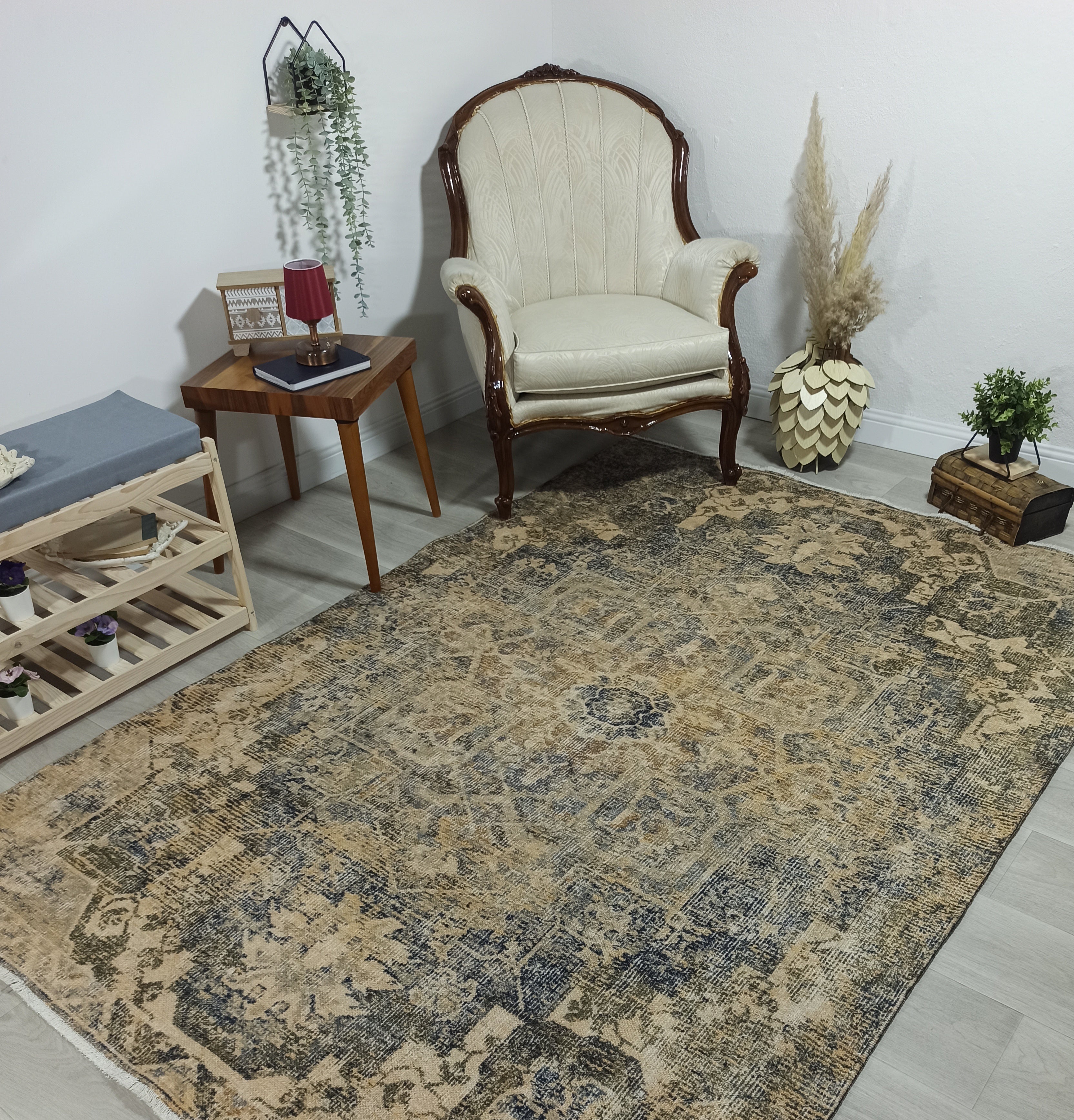 Aliye Turkish Medallion Style Green Beige Vintage Rug