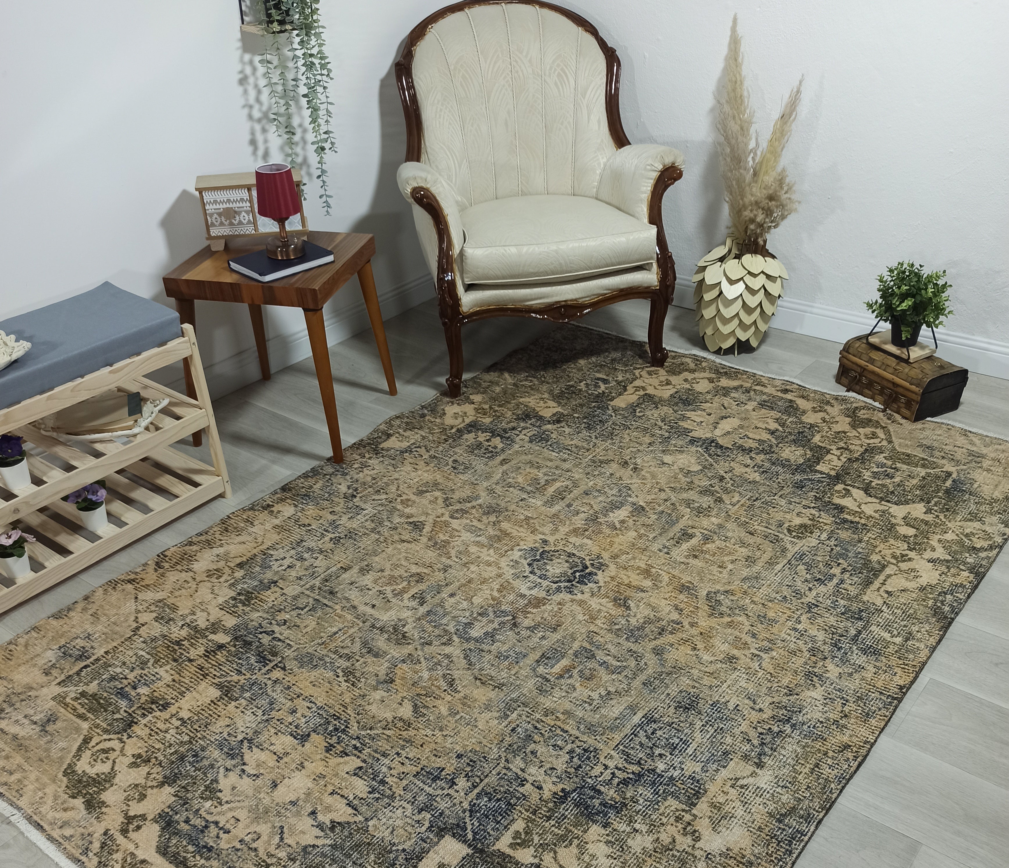 Aliye Turkish Medallion Style Green Beige Vintage Rug