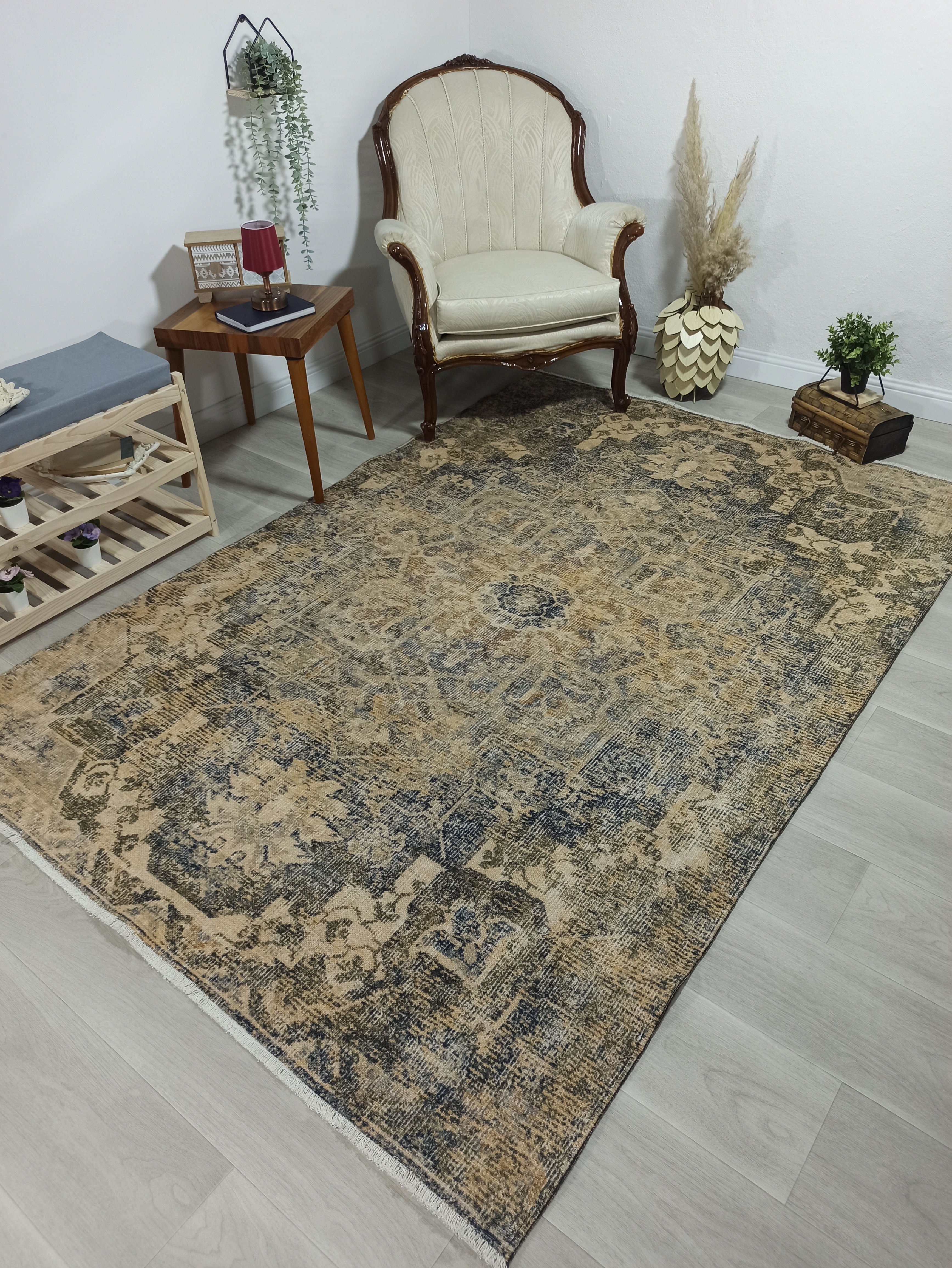 Aliye Turkish Medallion Style Green Beige Vintage Rug