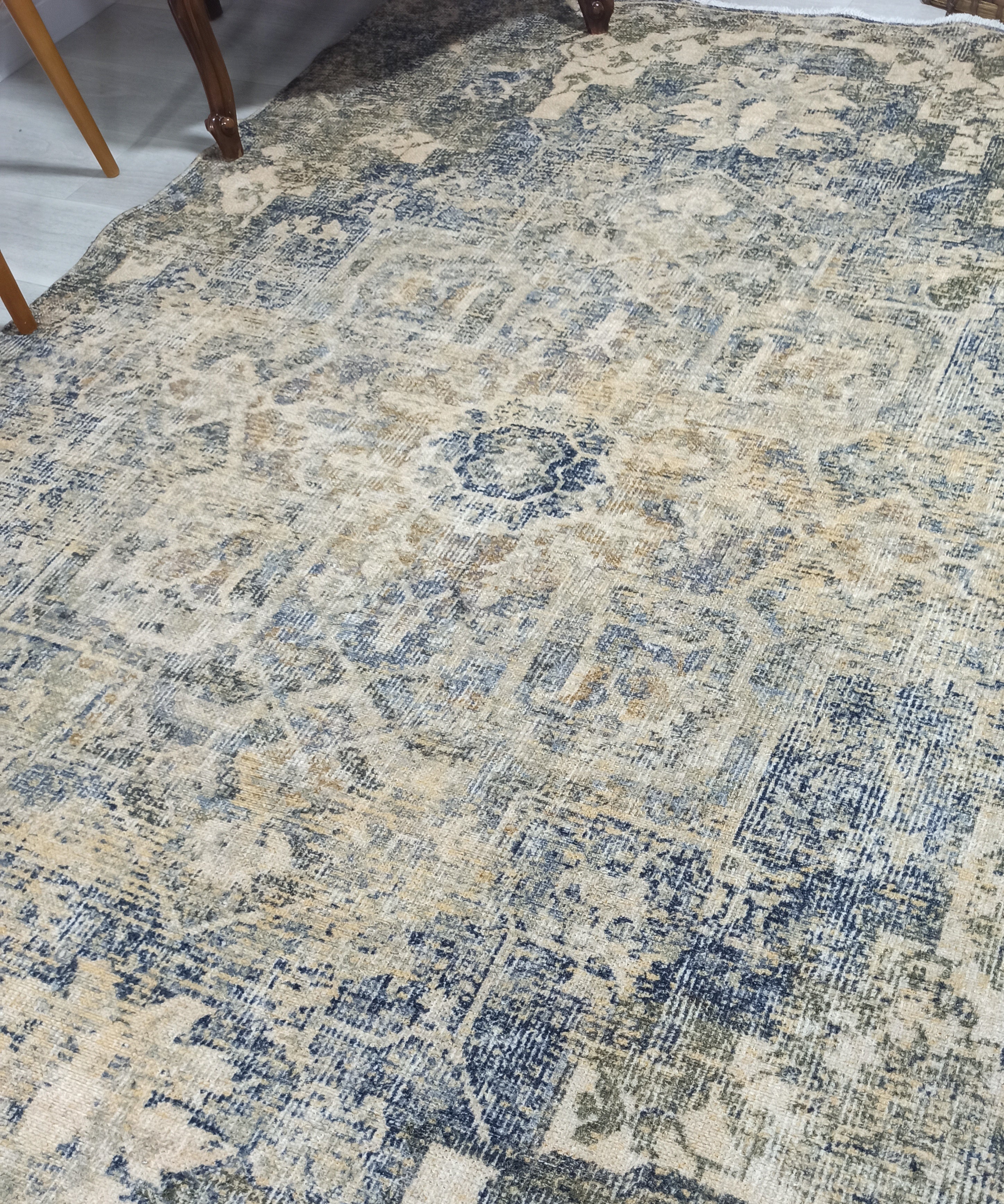 Aliye Turkish Medallion Style Green Beige Vintage Rug