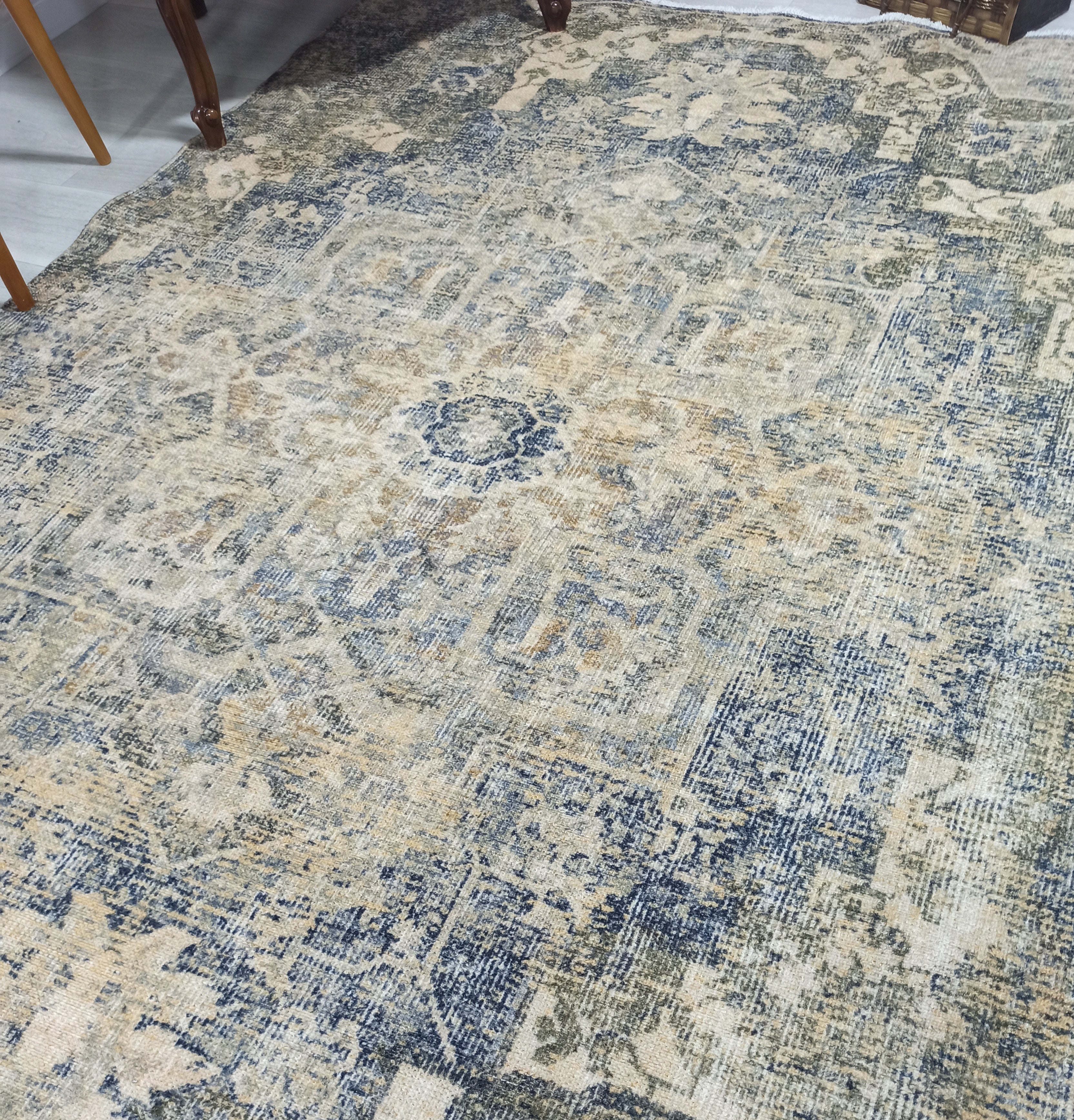 Aliye Turkish Medallion Style Green Beige Vintage Rug