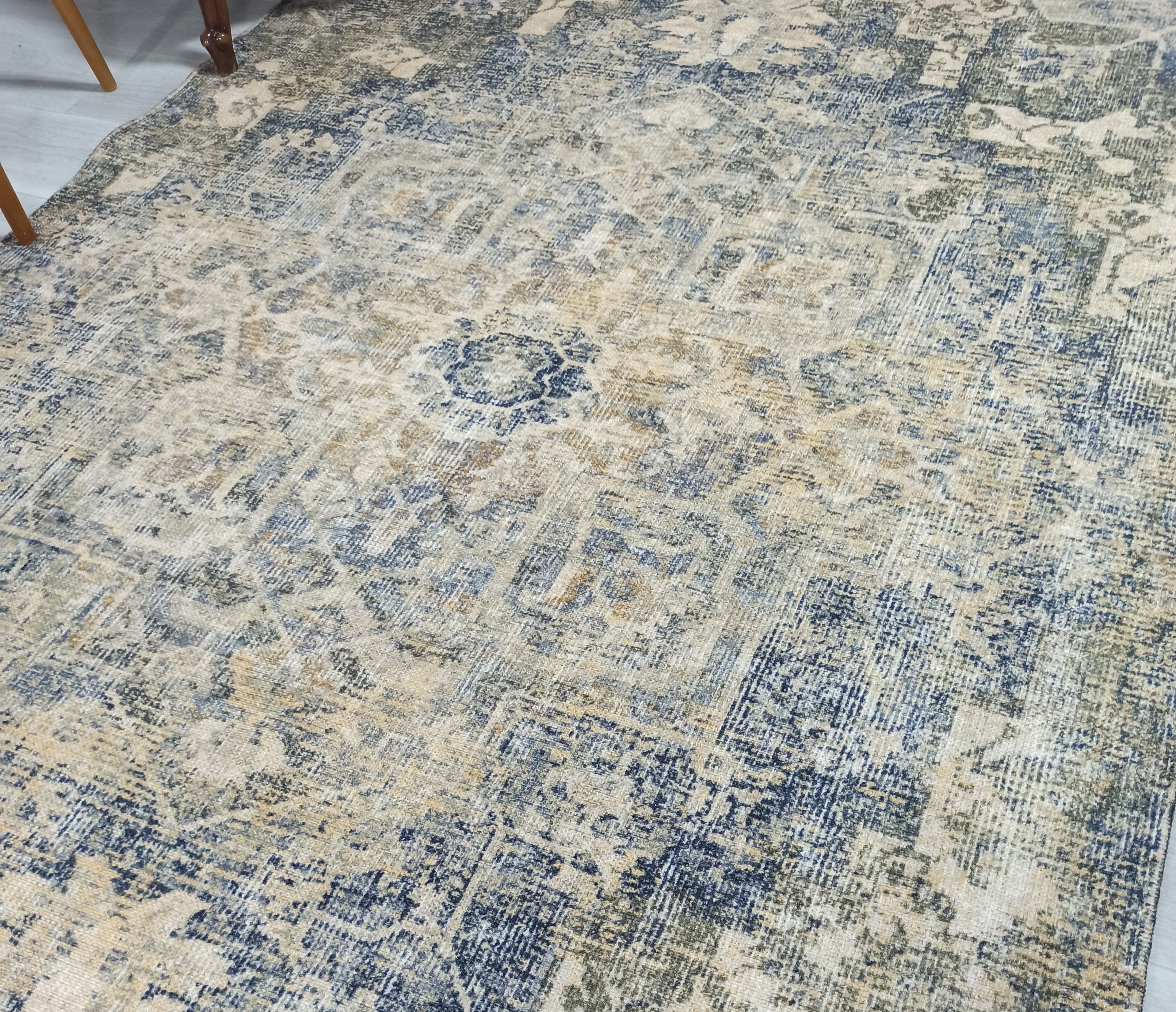 Aliye Turkish Medallion Style Green Beige Vintage Rug