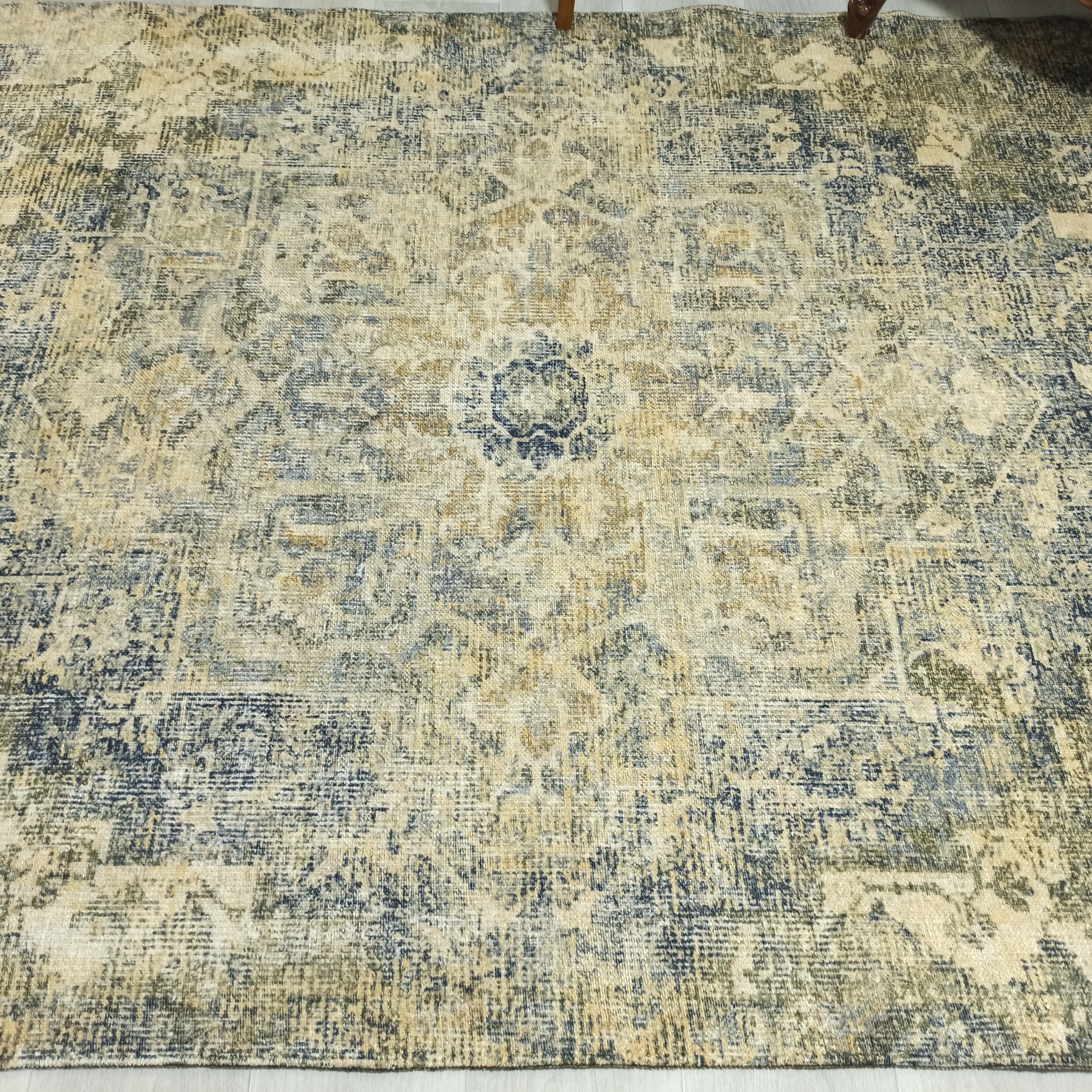 Aliye Turkish Medallion Style Green Beige Vintage Rug