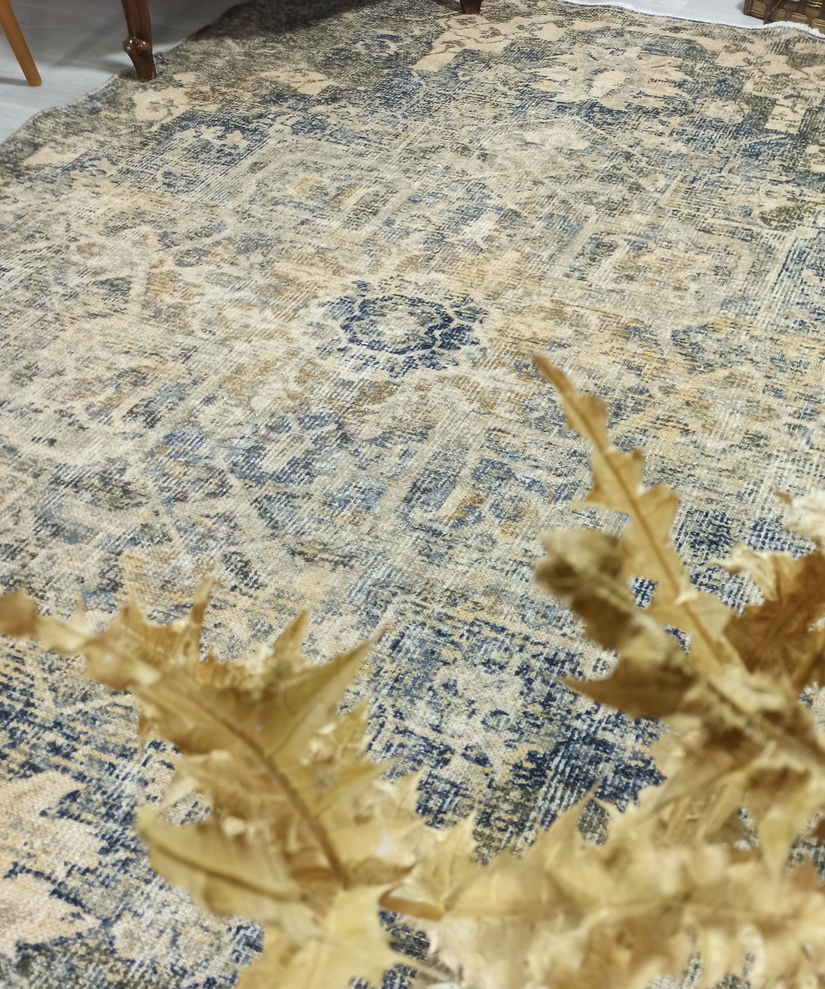 Aliye Turkish Medallion Style Green Beige Vintage Rug