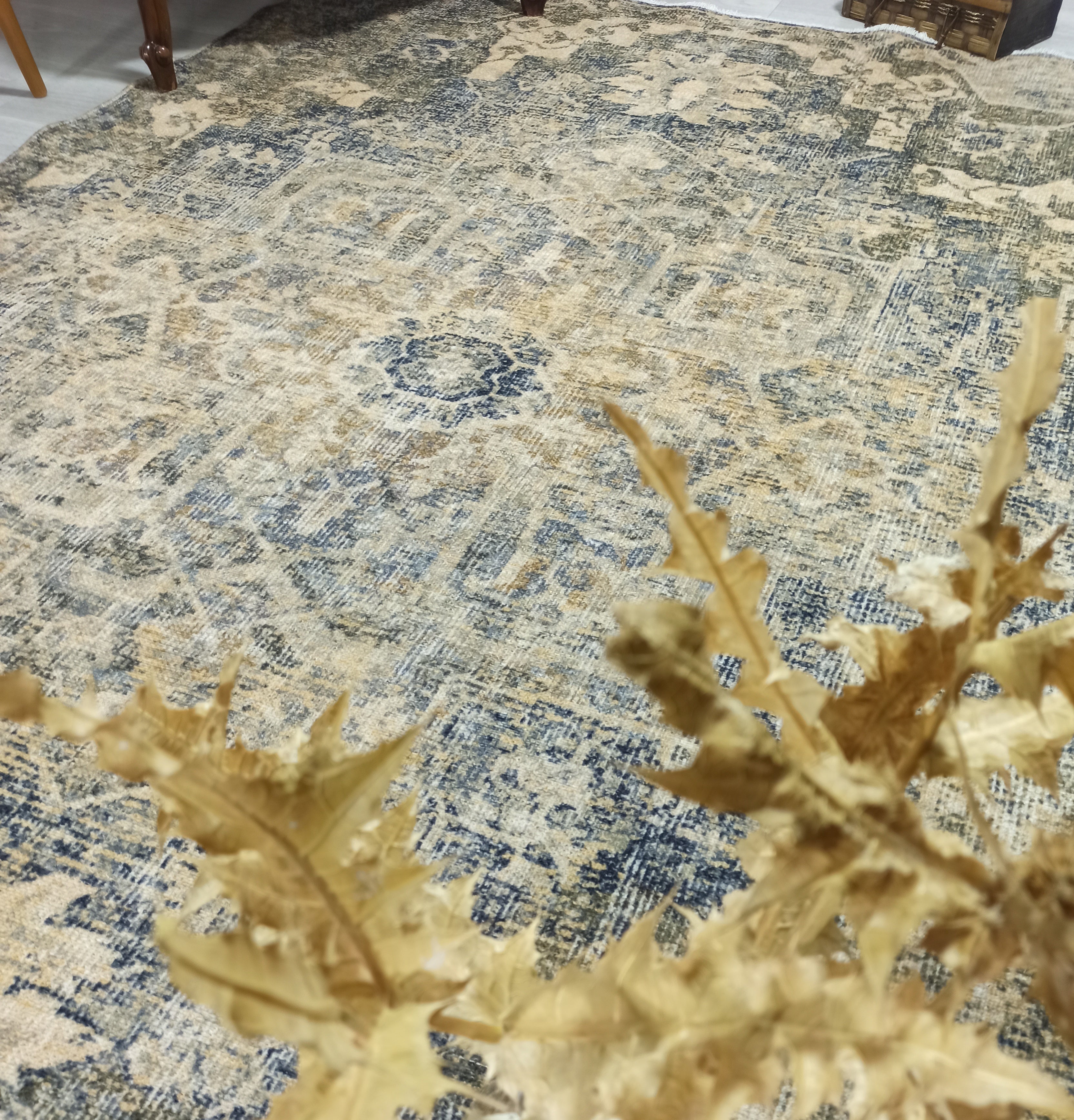 Aliye Turkish Medallion Style Green Beige Vintage Rug