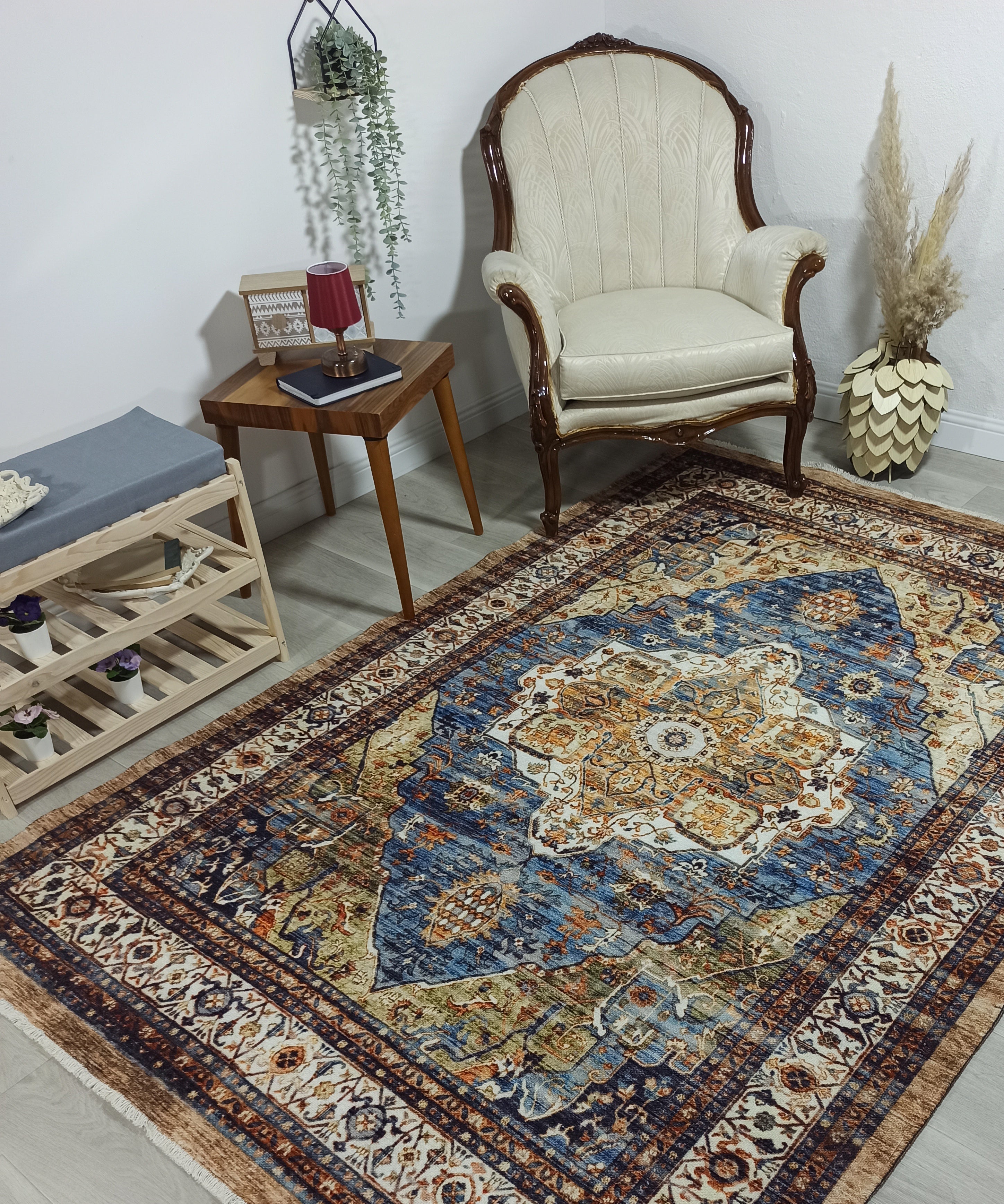 Nuran Turkish Vintage Medallion Style Brown Navy Blue Rug