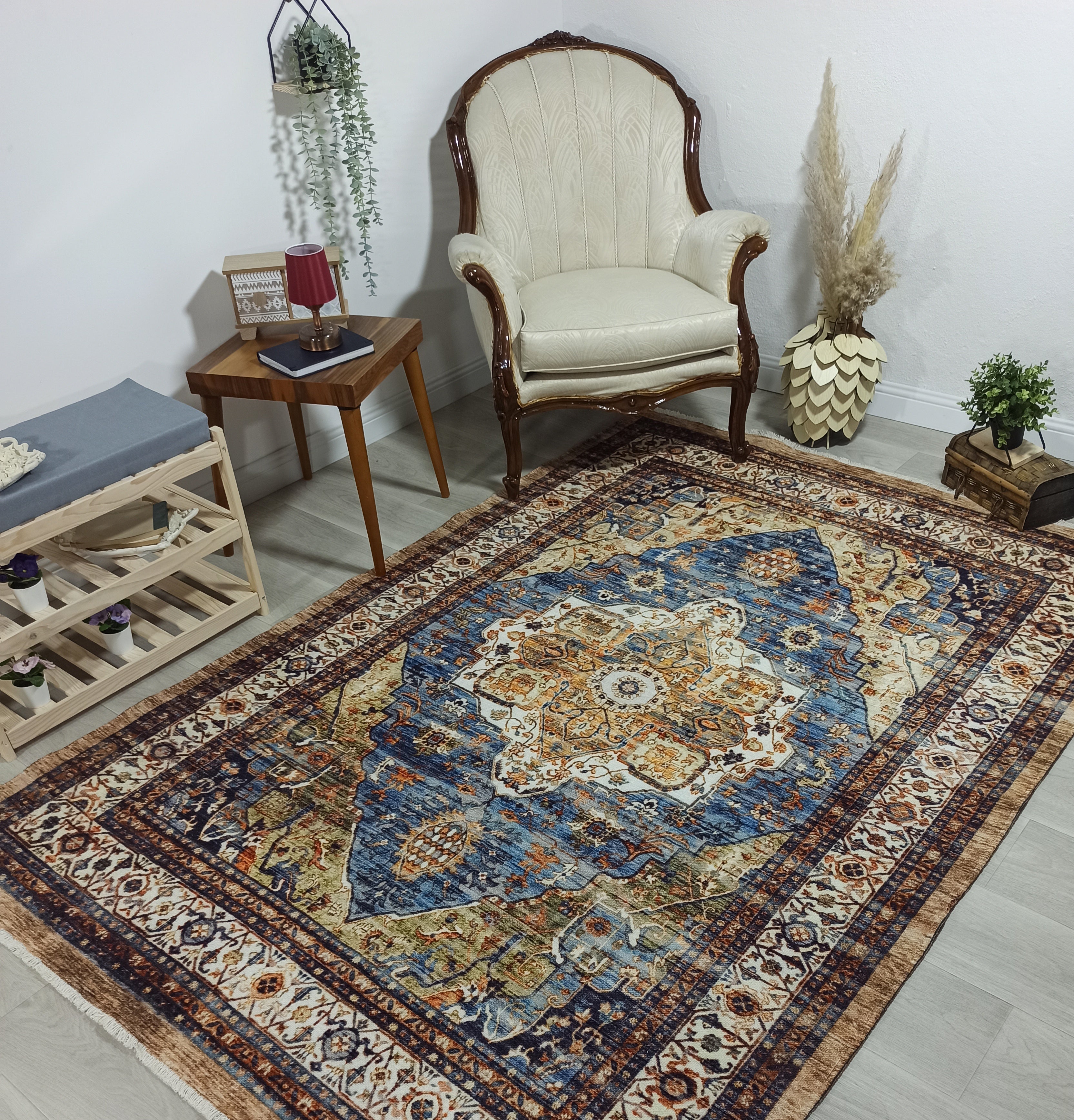 Nuran Turkish Vintage Medallion Style Brown Navy Blue Rug