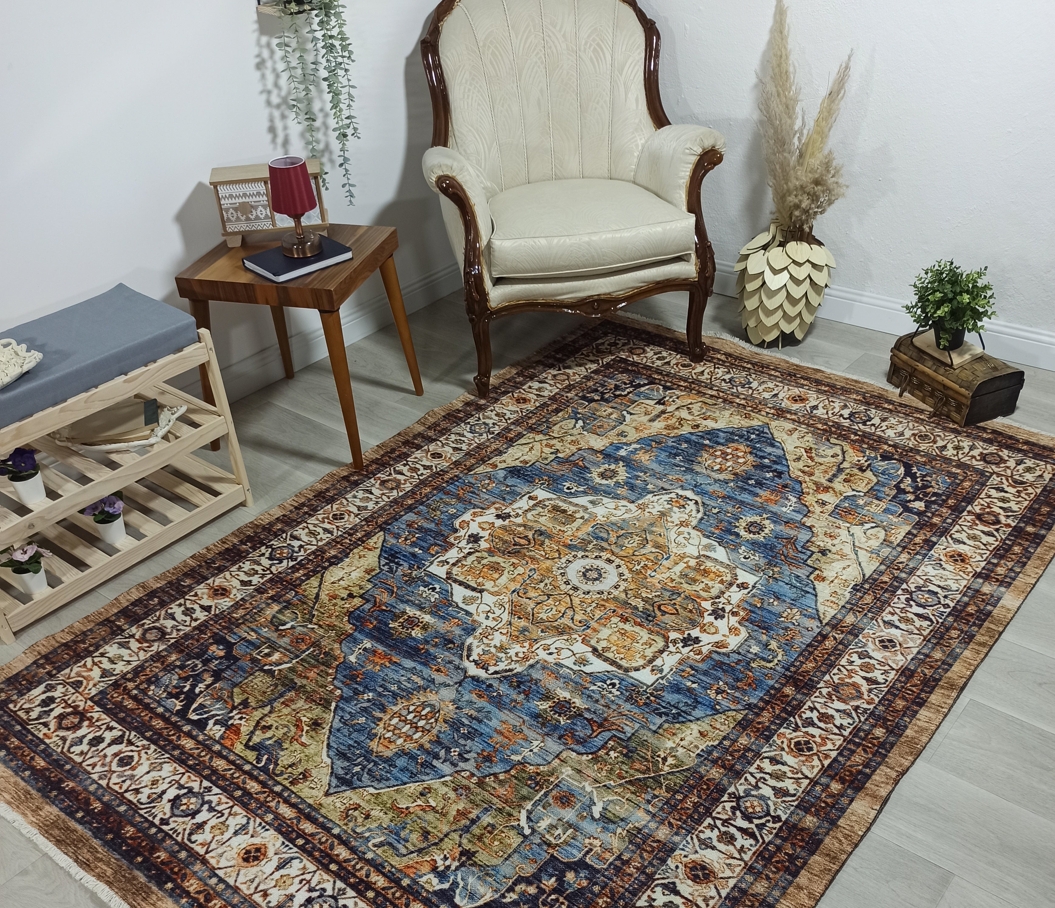 Nuran Turkish Vintage Medallion Style Brown Navy Blue Rug