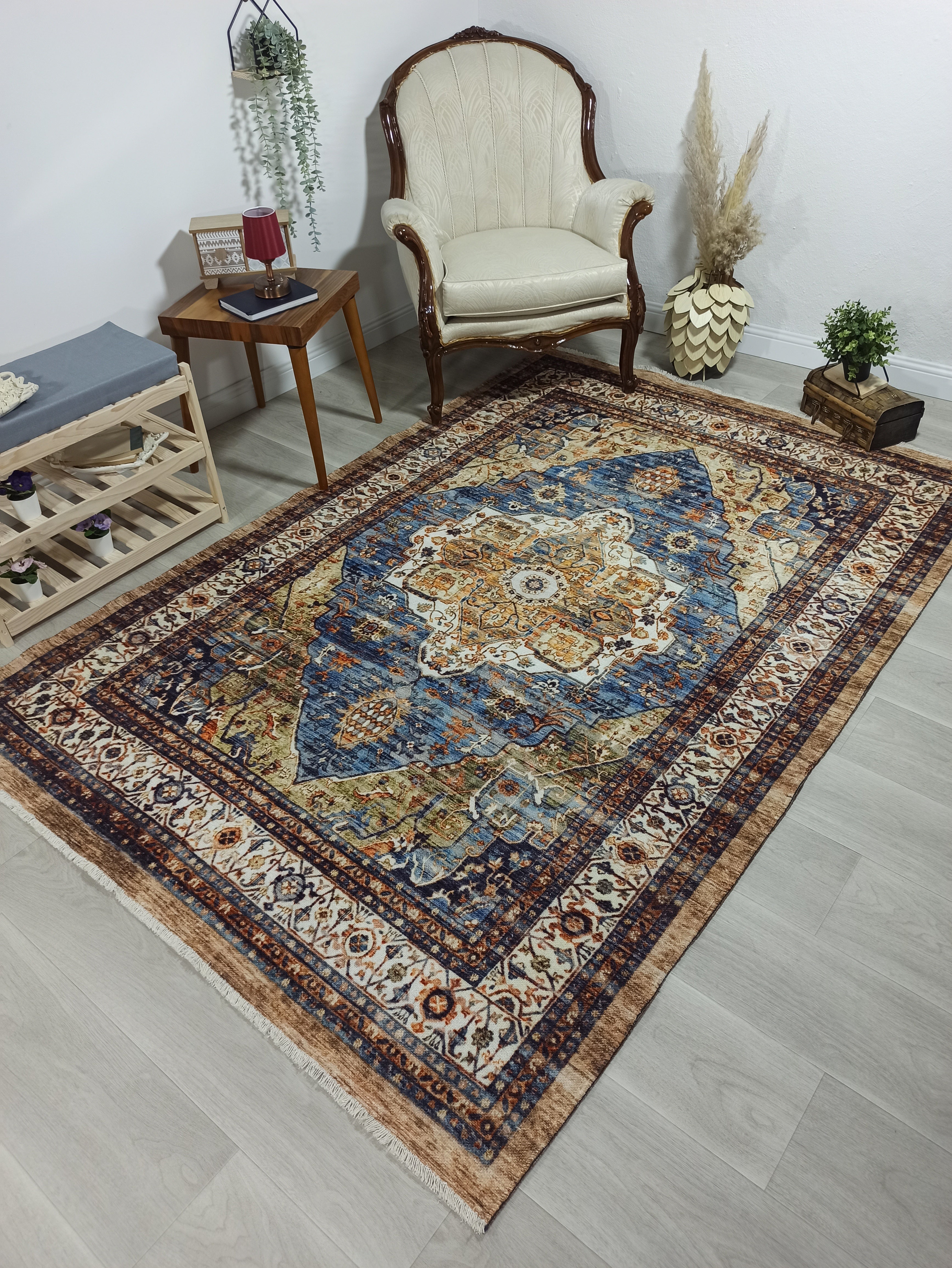 Nuran Turkish Vintage Medallion Style Brown Navy Blue Rug