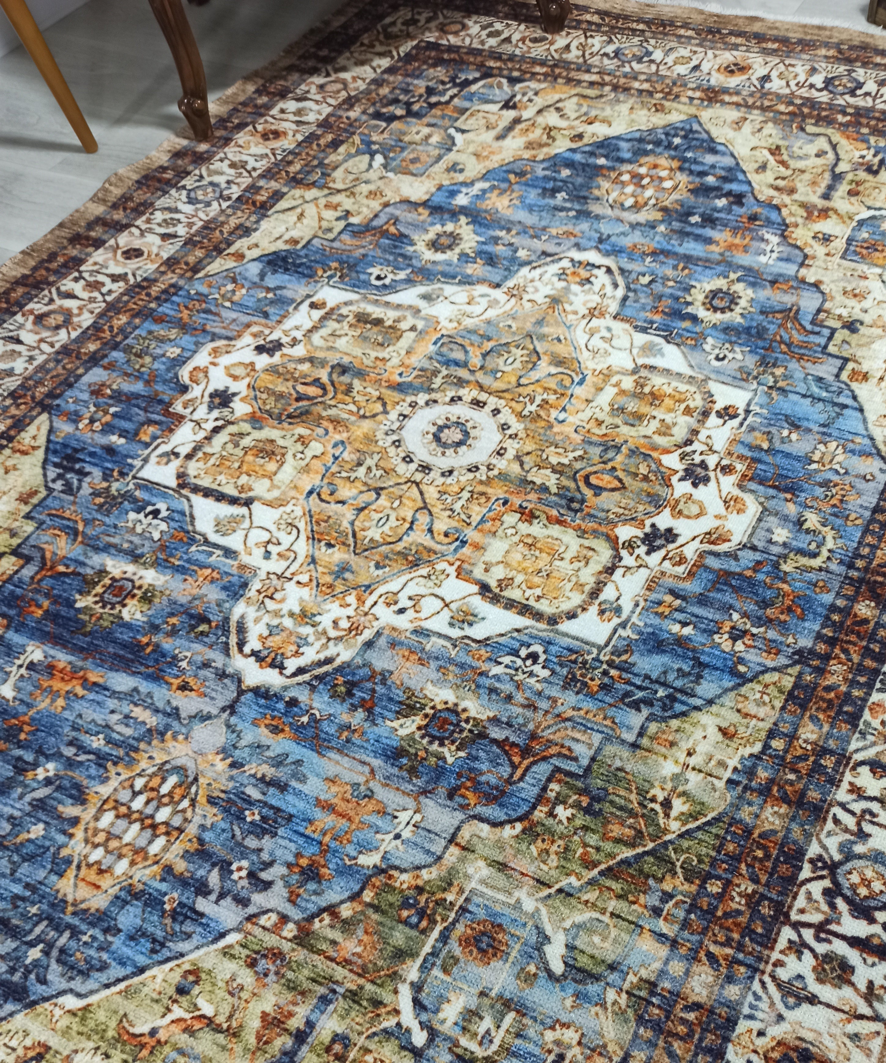 Nuran Turkish Vintage Medallion Style Brown Navy Blue Rug