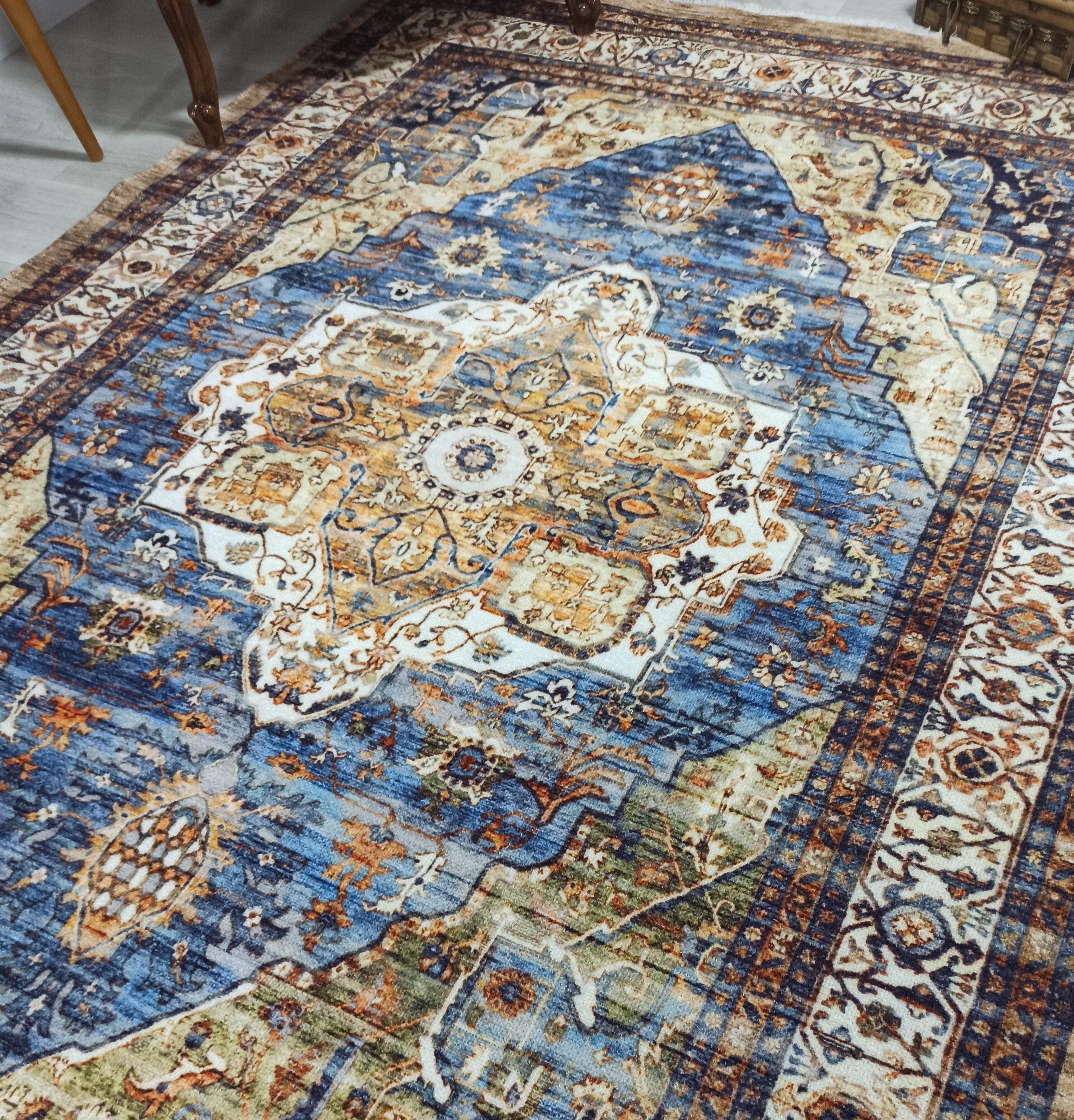 Nuran Turkish Vintage Medallion Style Brown Navy Blue Rug