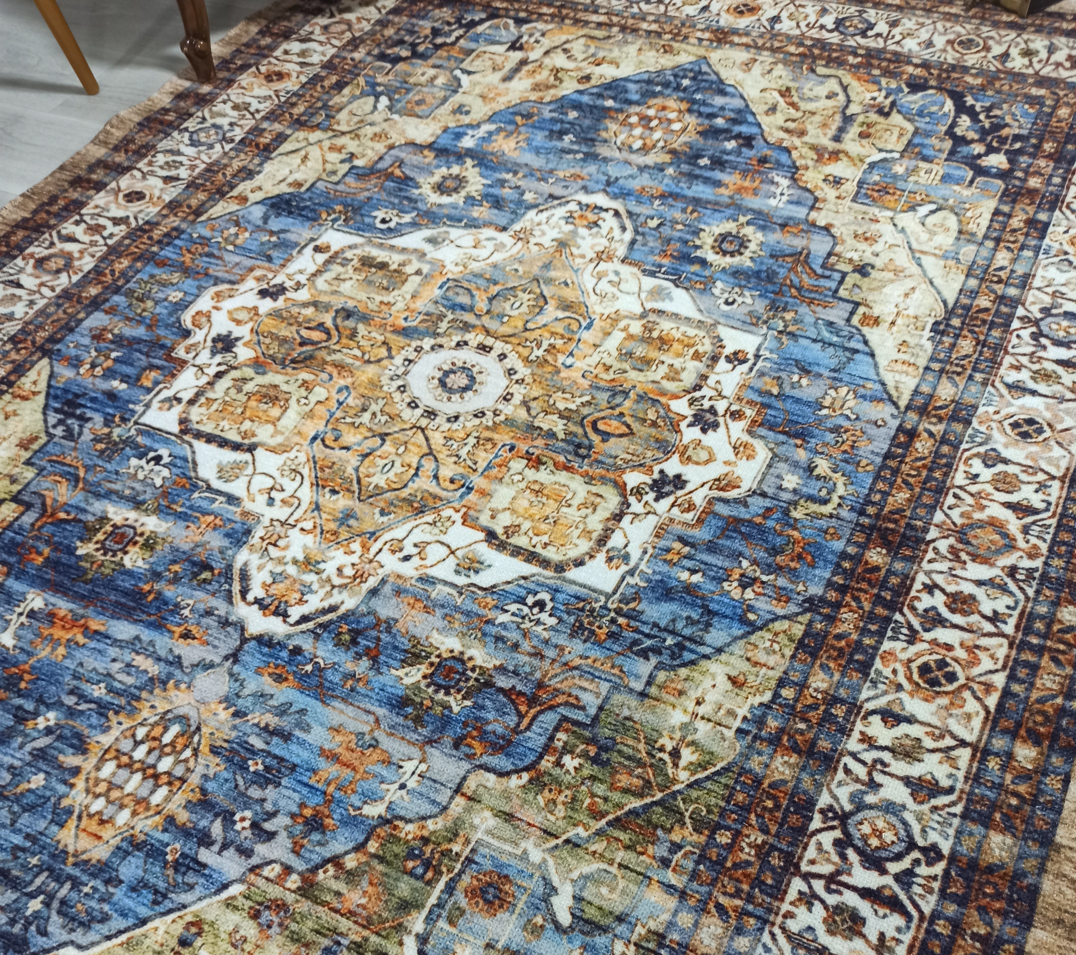 Nuran Turkish Vintage Medallion Style Brown Navy Blue Rug