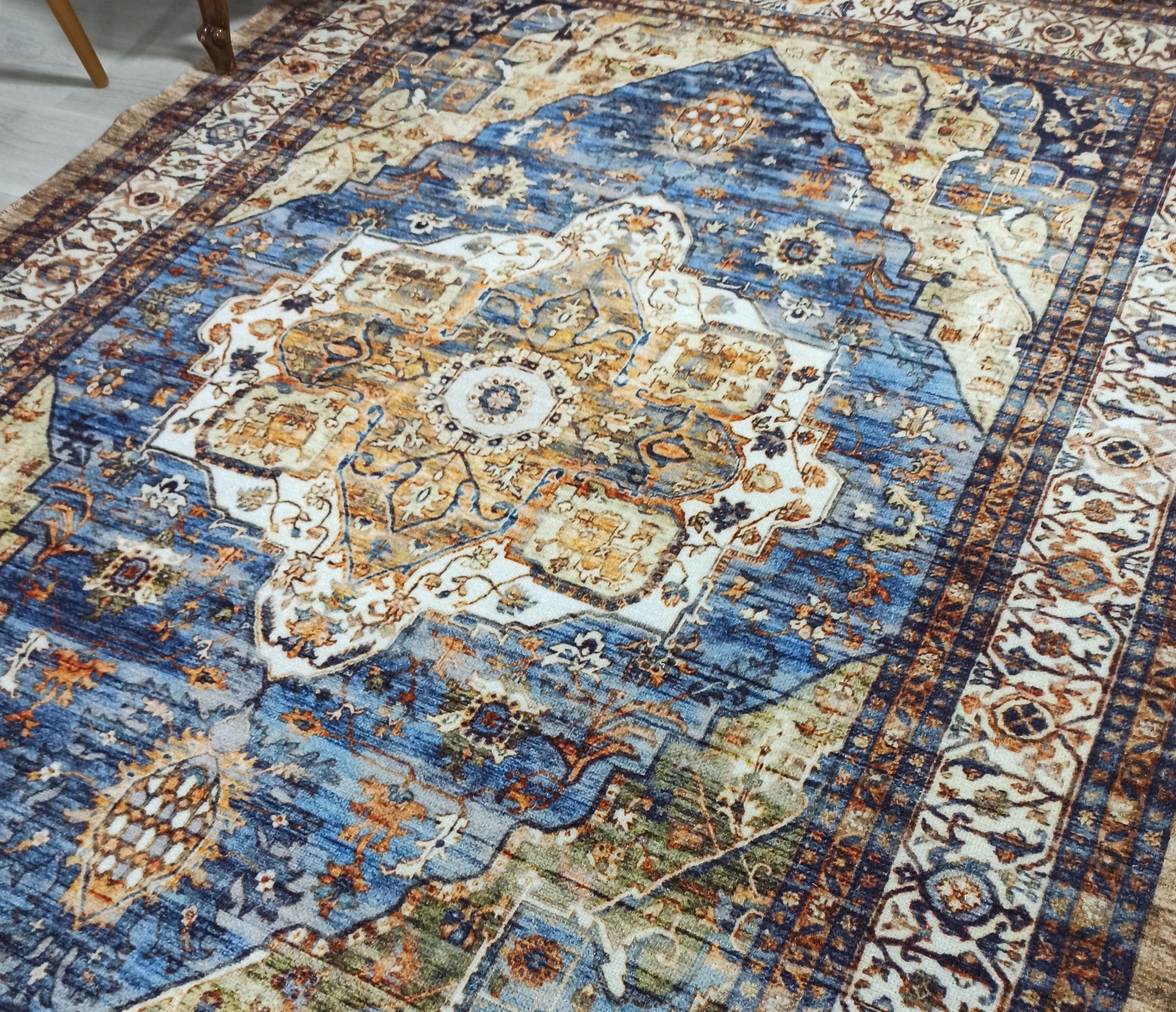 Nuran Turkish Vintage Medallion Style Brown Navy Blue Rug