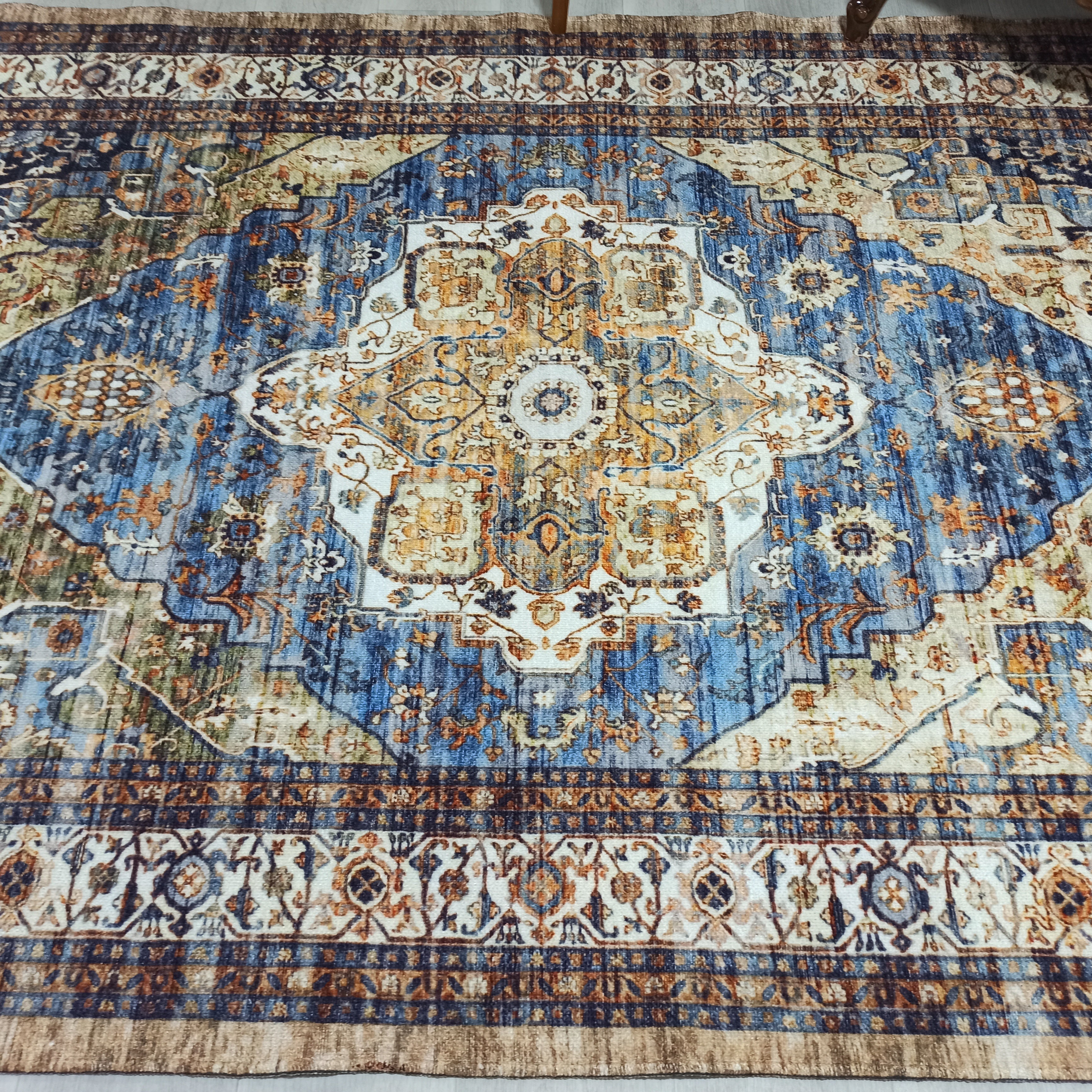 Nuran Turkish Vintage Medallion Style Brown Navy Blue Rug