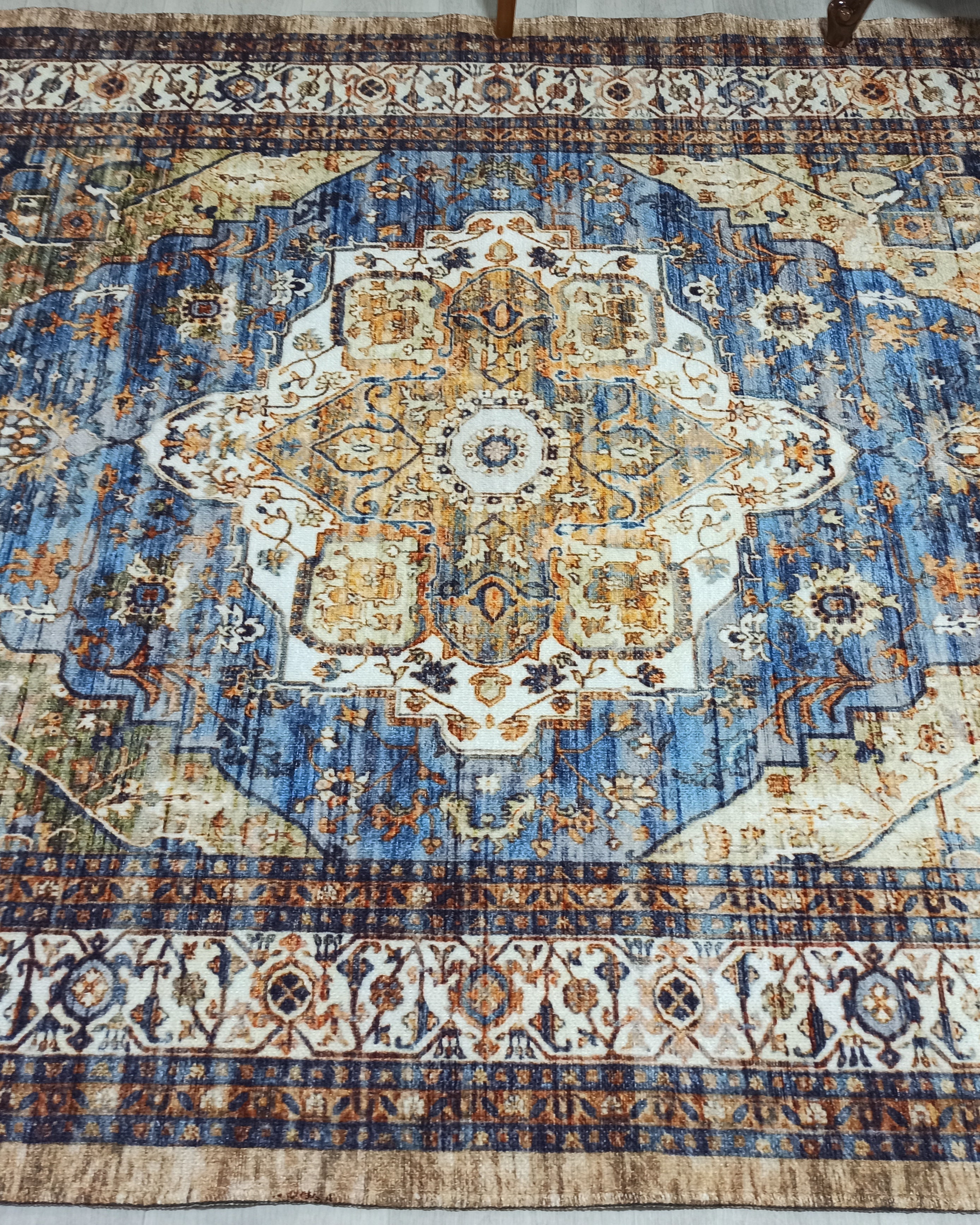 Nuran Turkish Vintage Medallion Style Brown Navy Blue Rug