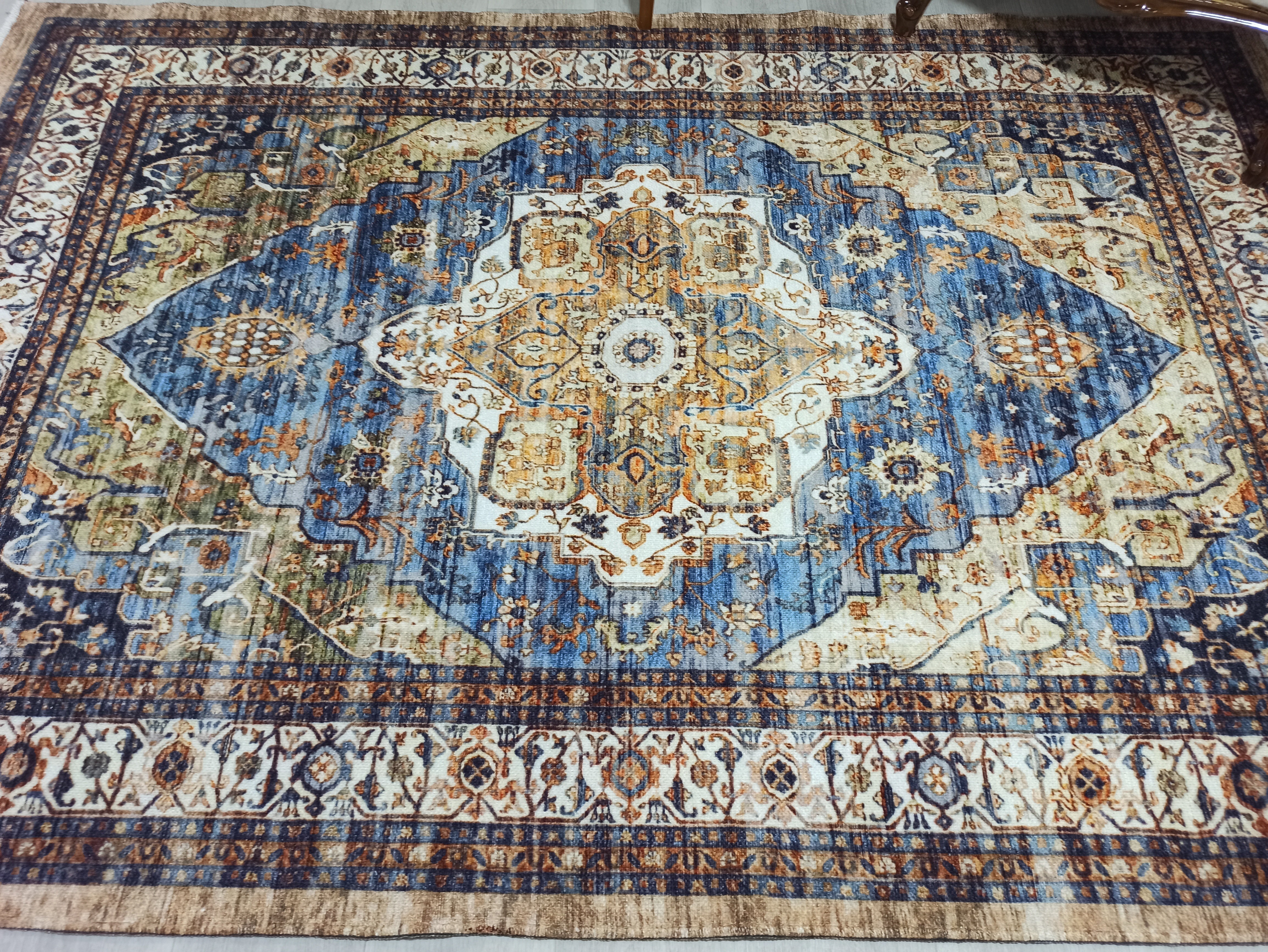 Nuran Turkish Vintage Medallion Style Brown Navy Blue Rug