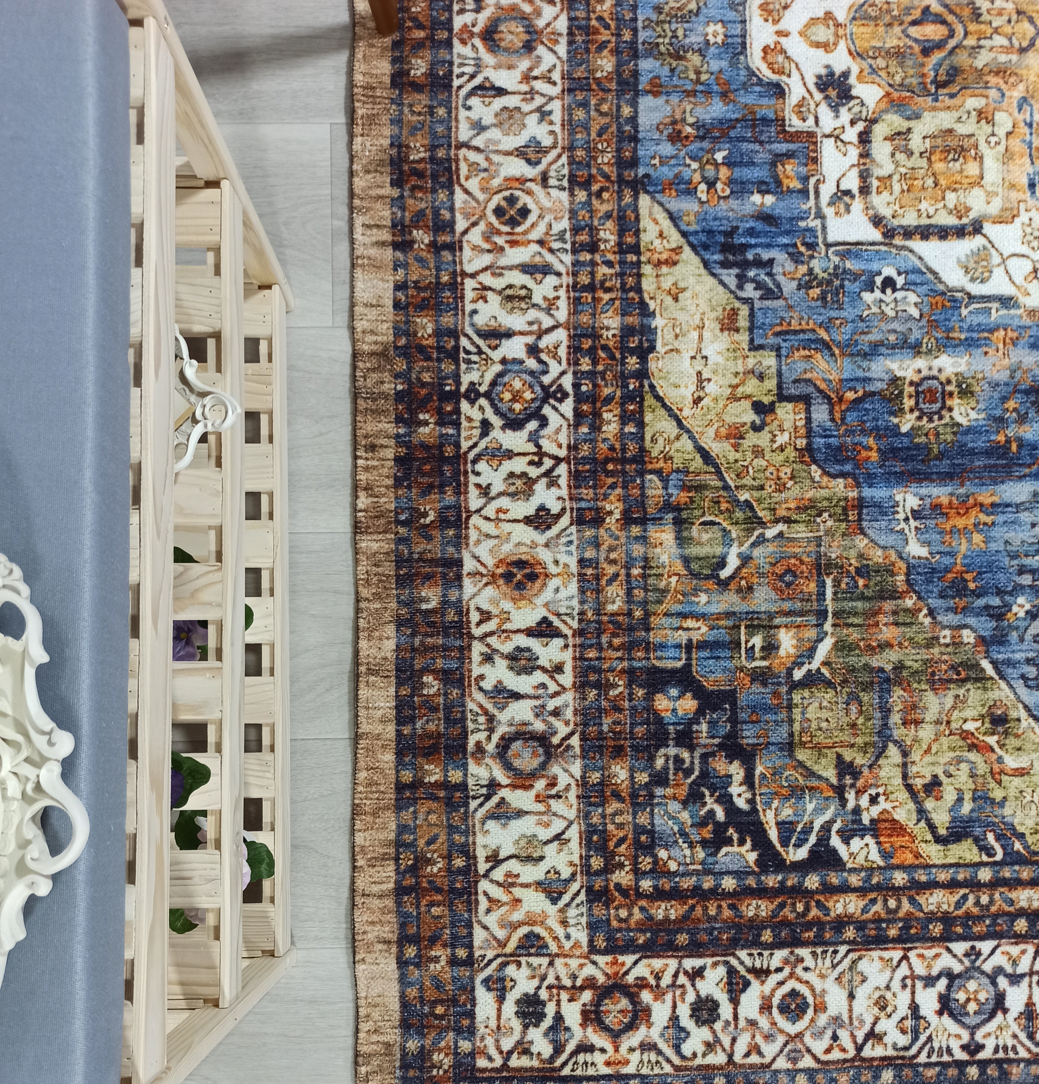 Nuran Turkish Vintage Medallion Style Brown Navy Blue Rug