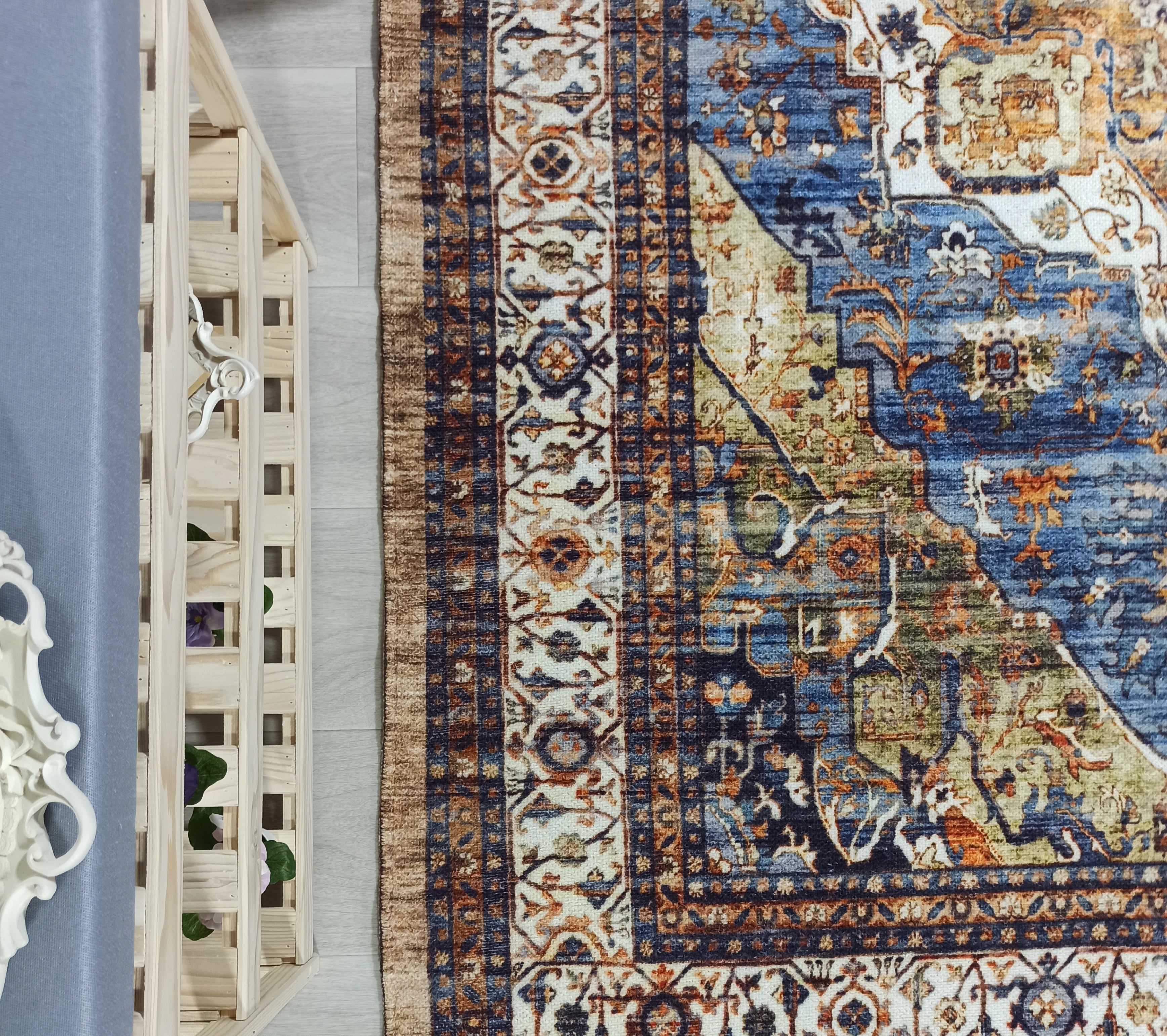 Nuran Turkish Vintage Medallion Style Brown Navy Blue Rug