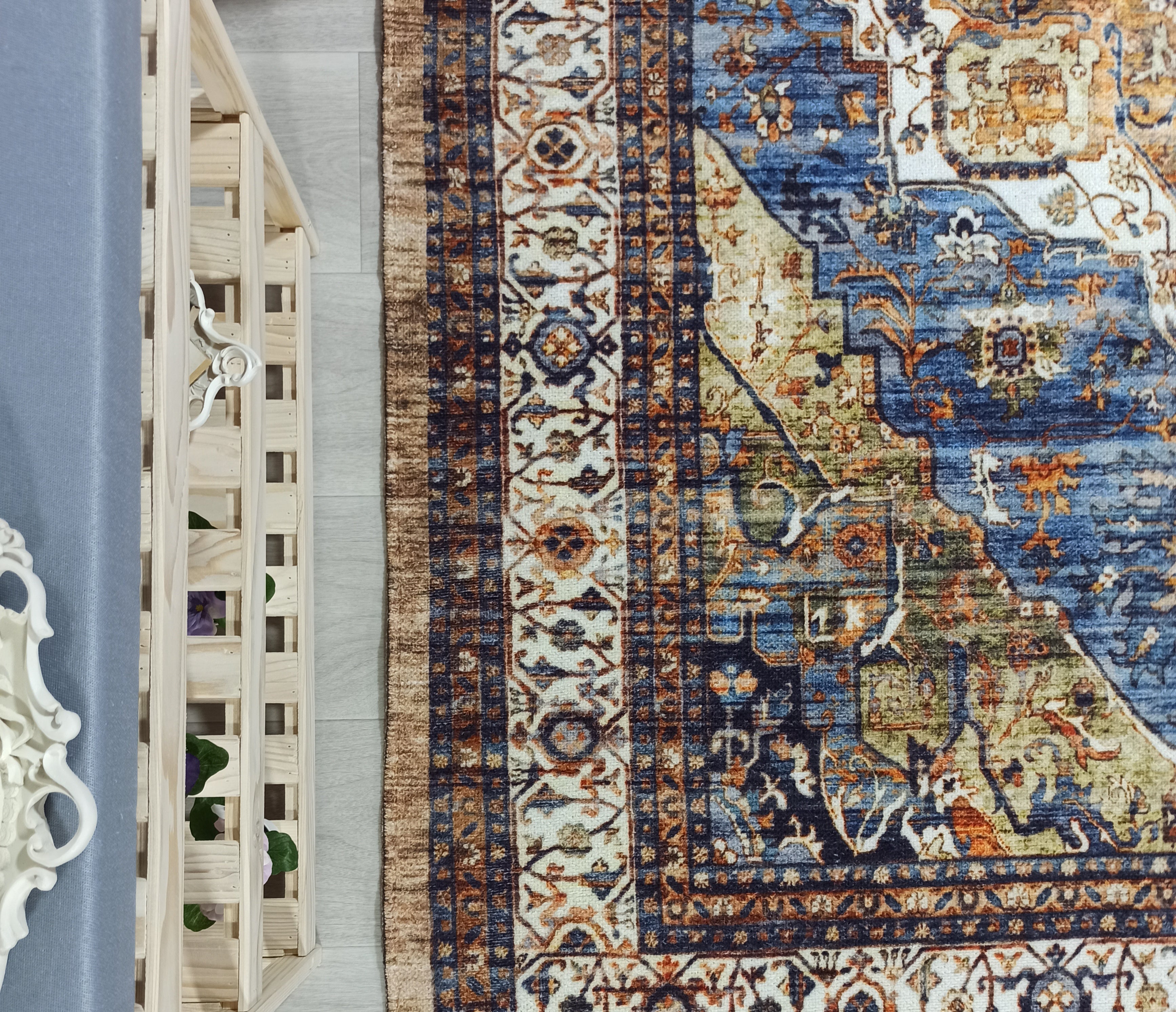 Nuran Turkish Vintage Medallion Style Brown Navy Blue Rug