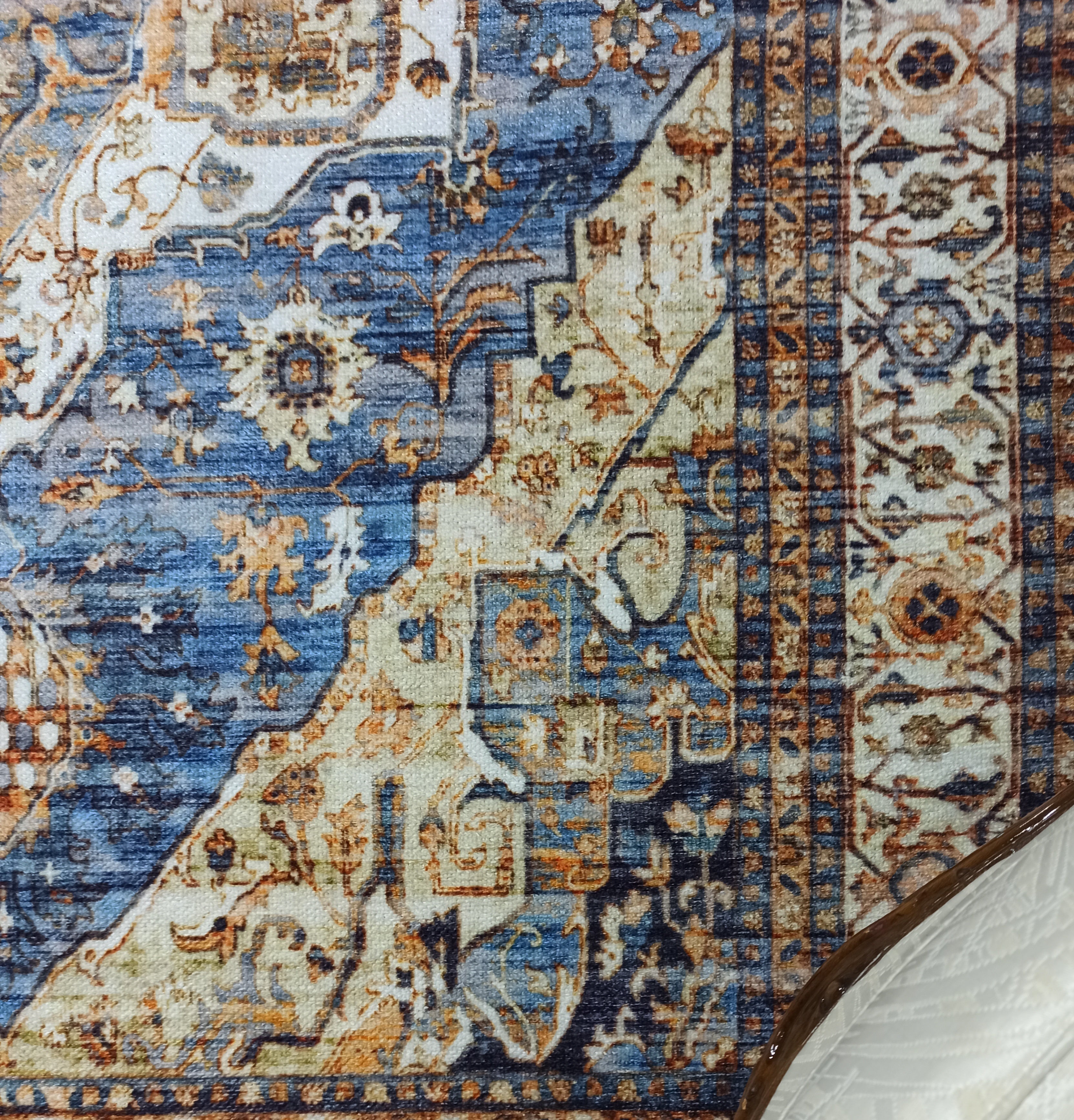 Nuran Turkish Vintage Medallion Style Brown Navy Blue Rug