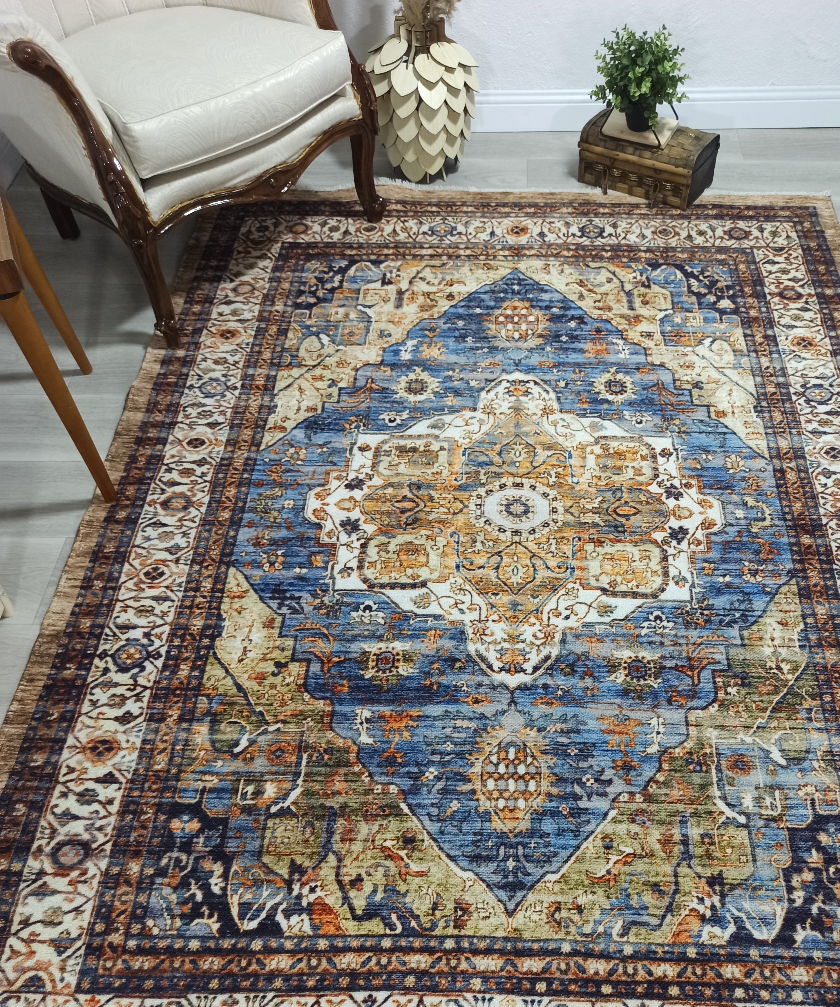 Nuran Turkish Vintage Medallion Style Brown Navy Blue Rug