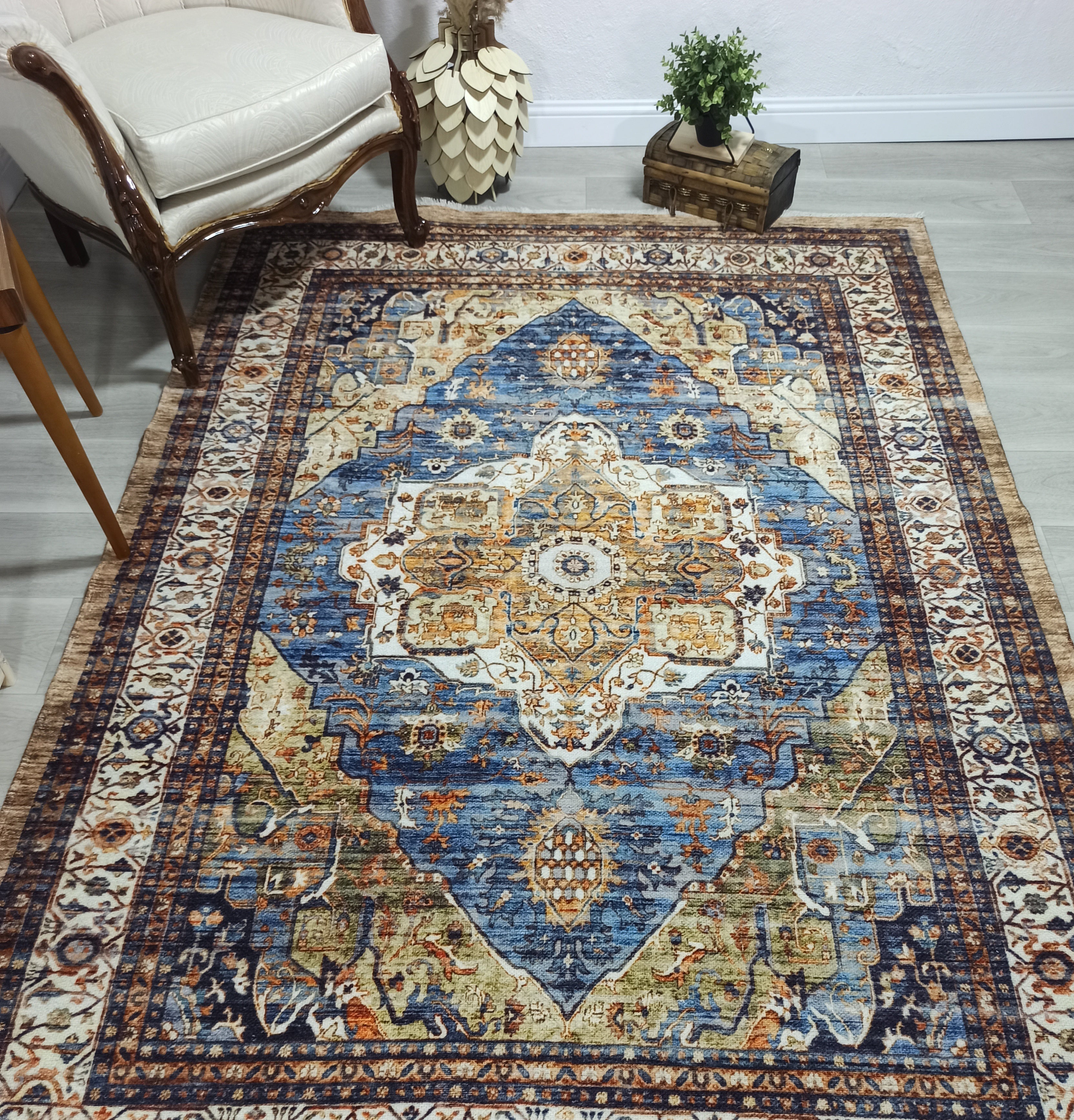 Nuran Turkish Vintage Medallion Style Brown Navy Blue Rug