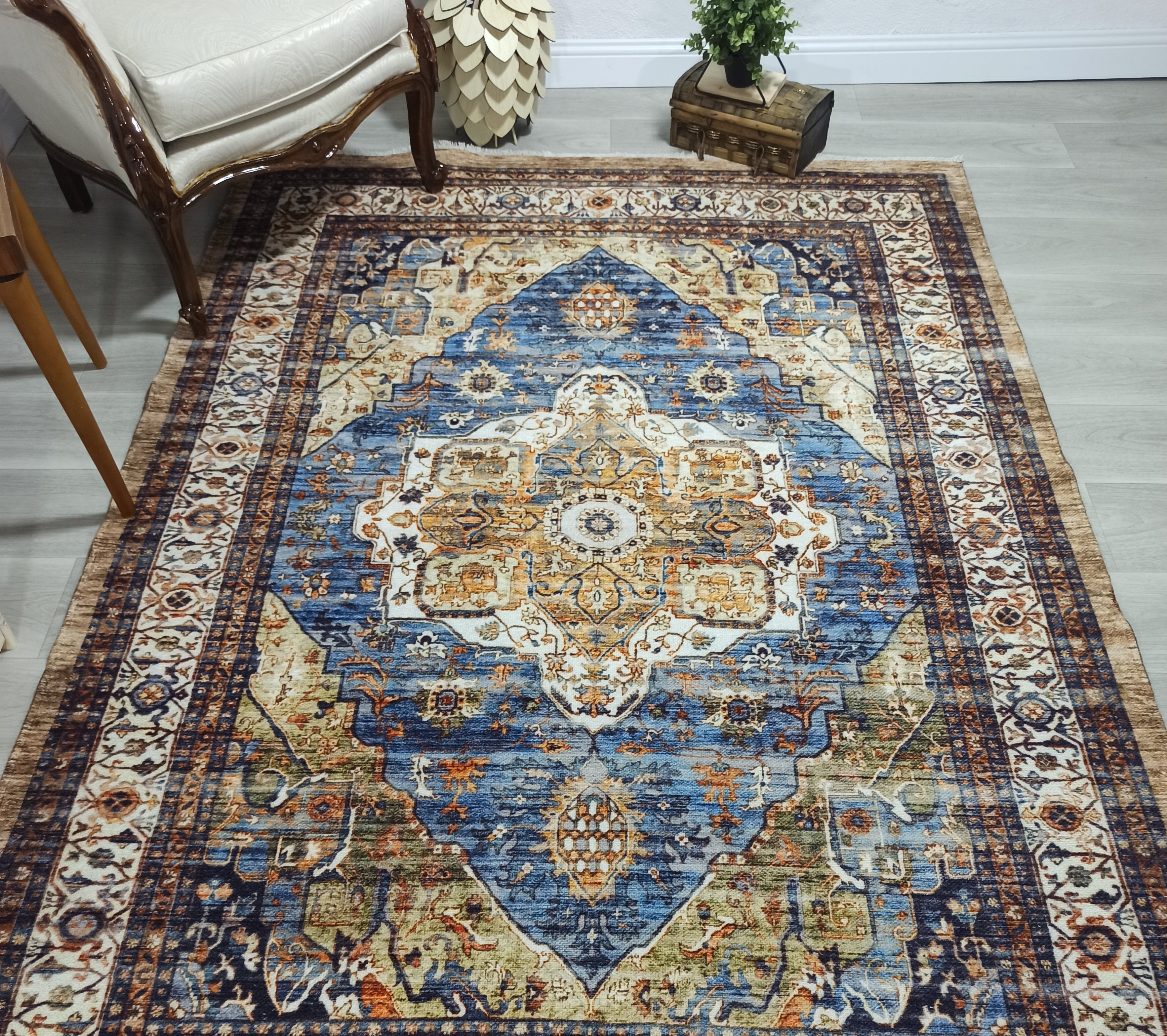 Nuran Turkish Vintage Medallion Style Brown Navy Blue Rug