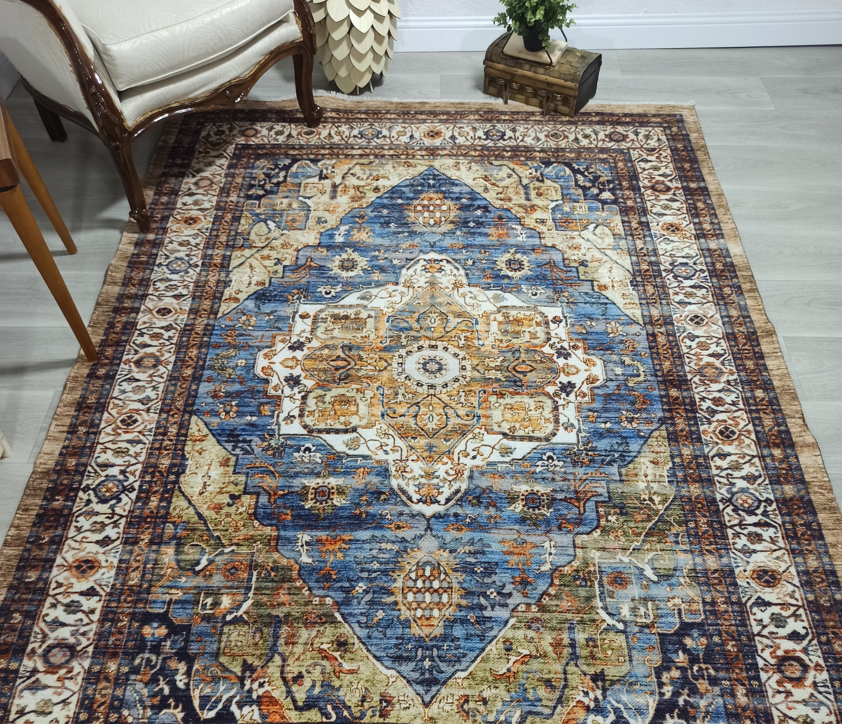 Nuran Turkish Vintage Medallion Style Brown Navy Blue Rug