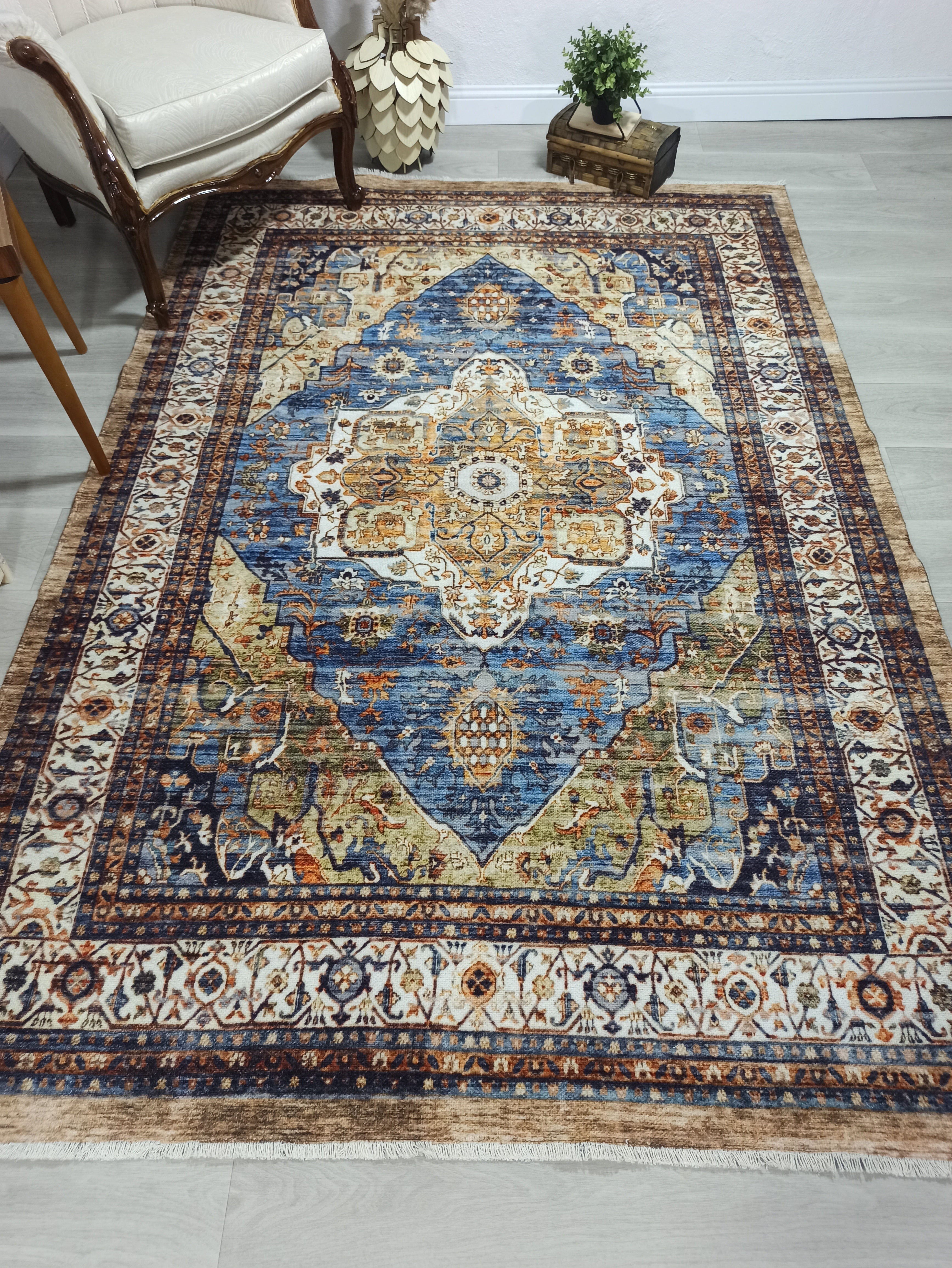 Nuran Turkish Vintage Medallion Style Brown Navy Blue Rug