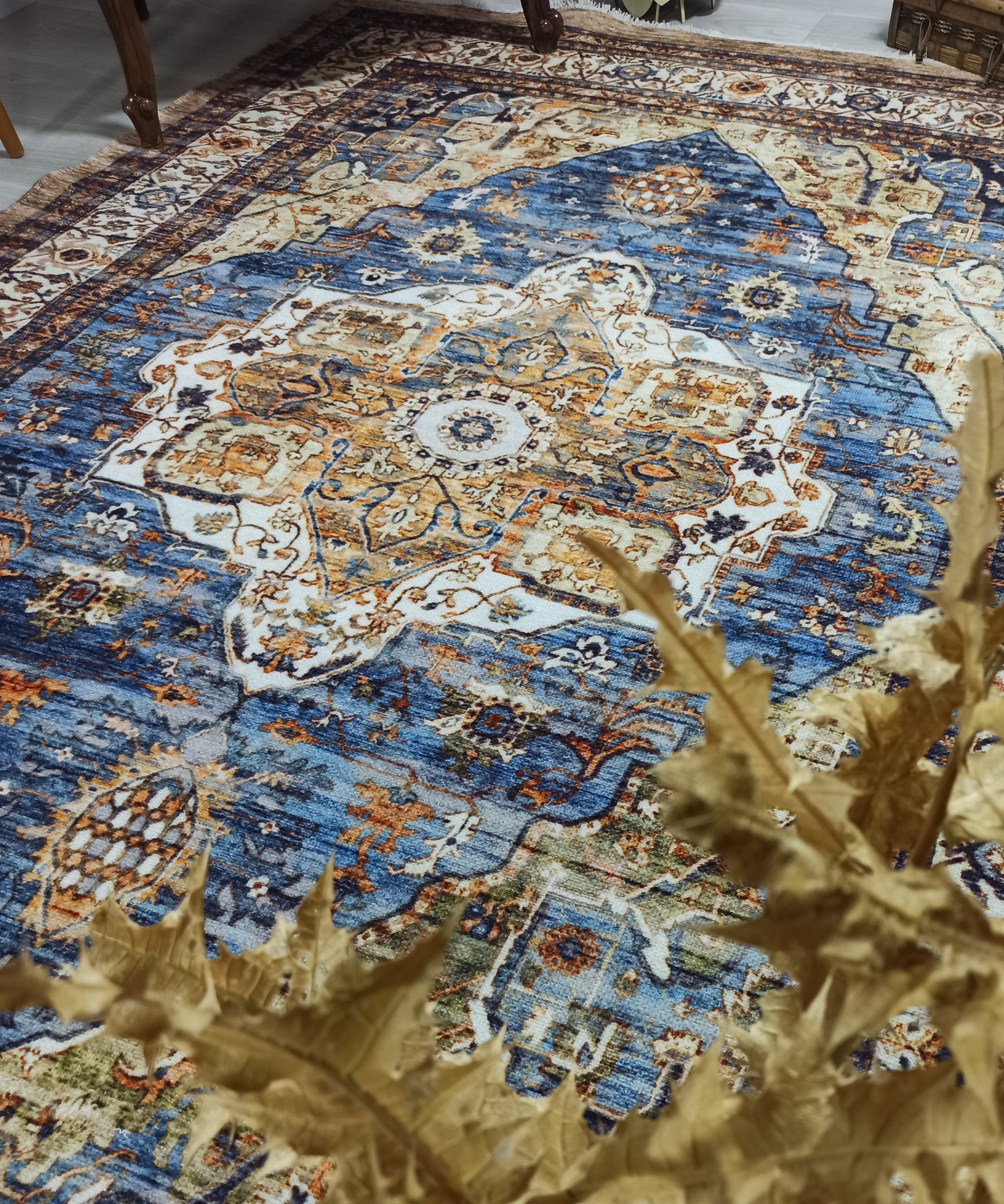 Nuran Turkish Vintage Medallion Style Brown Navy Blue Rug