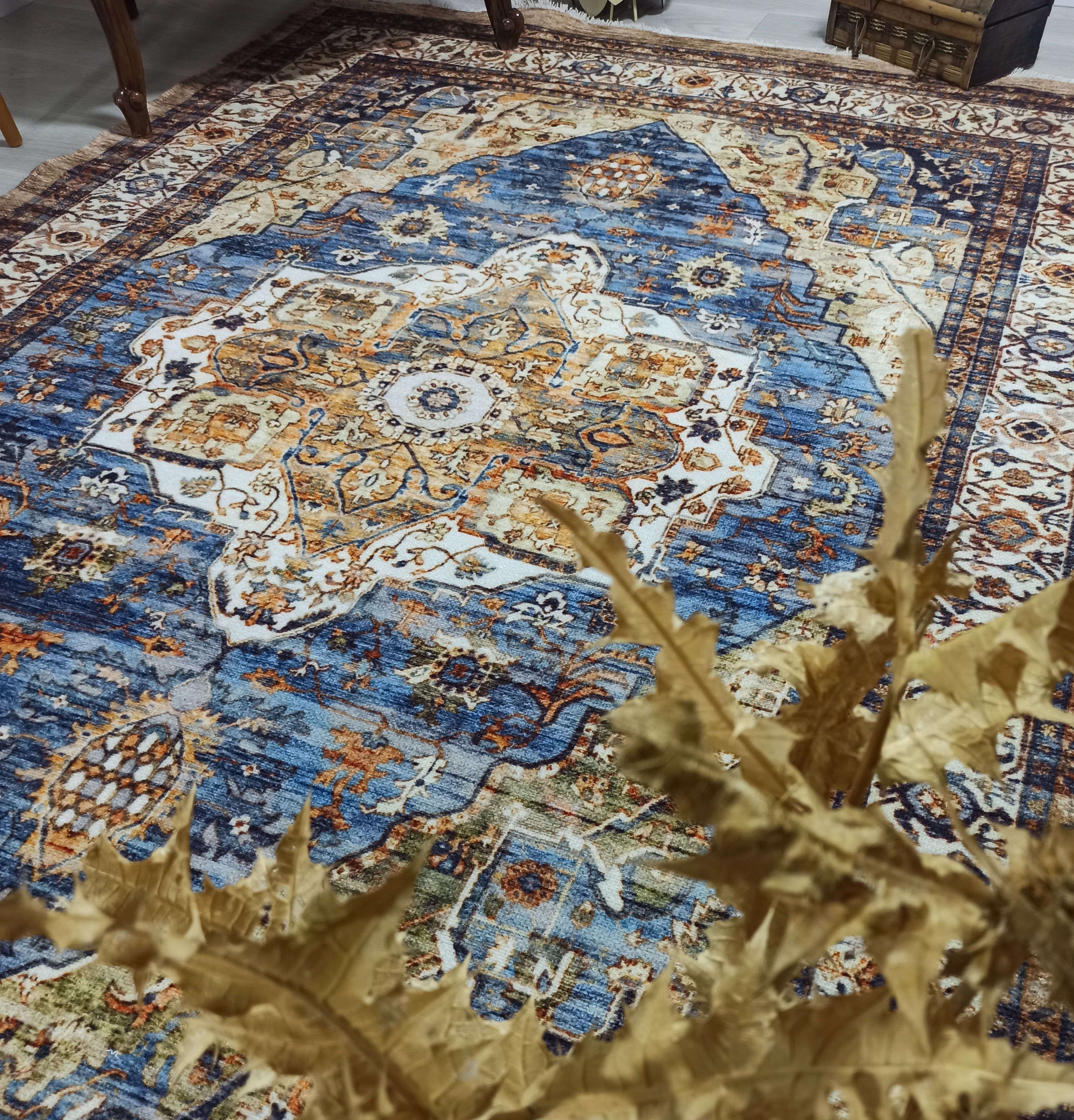 Nuran Turkish Vintage Medallion Style Brown Navy Blue Rug