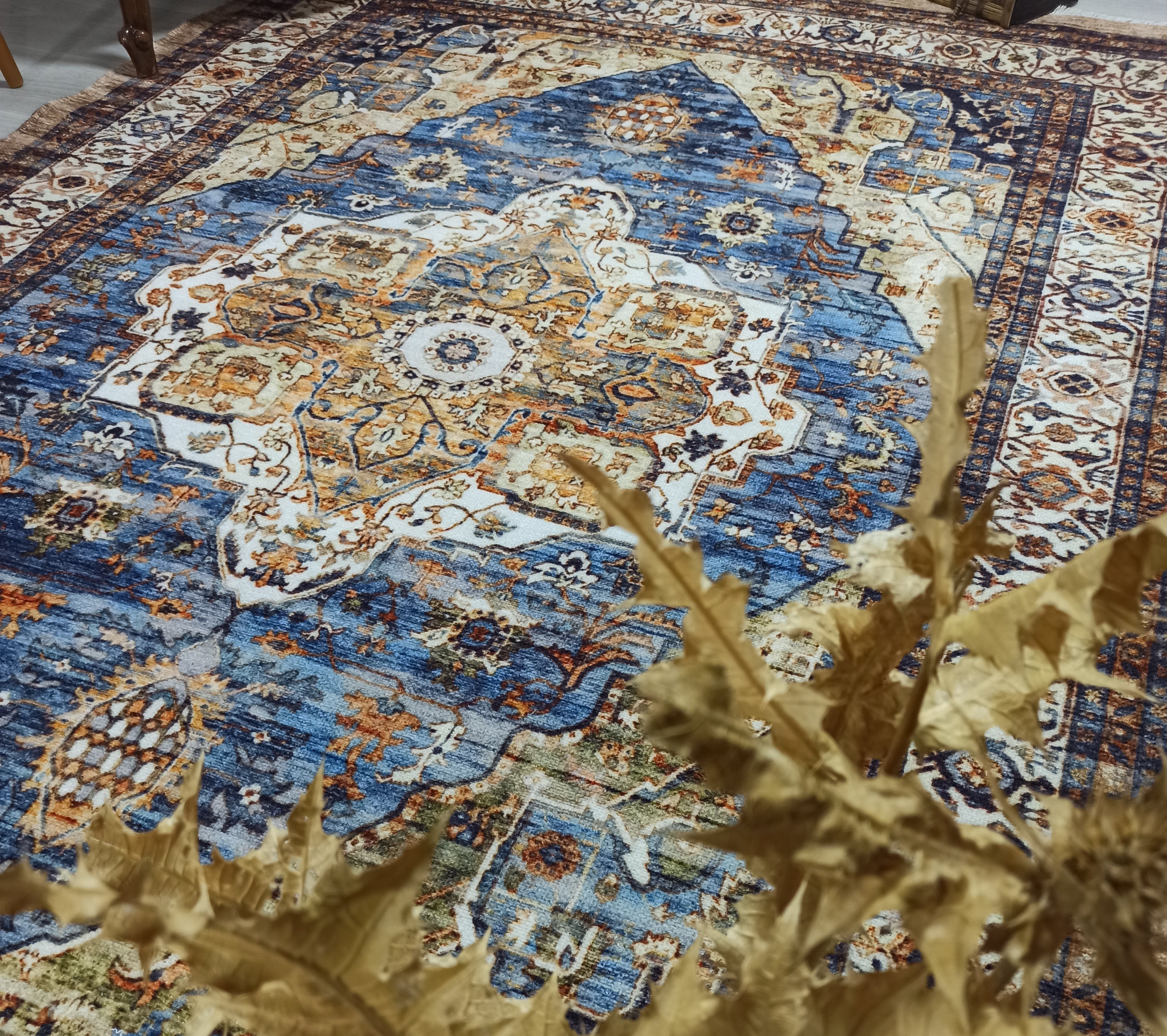 Nuran Turkish Vintage Medallion Style Brown Navy Blue Rug