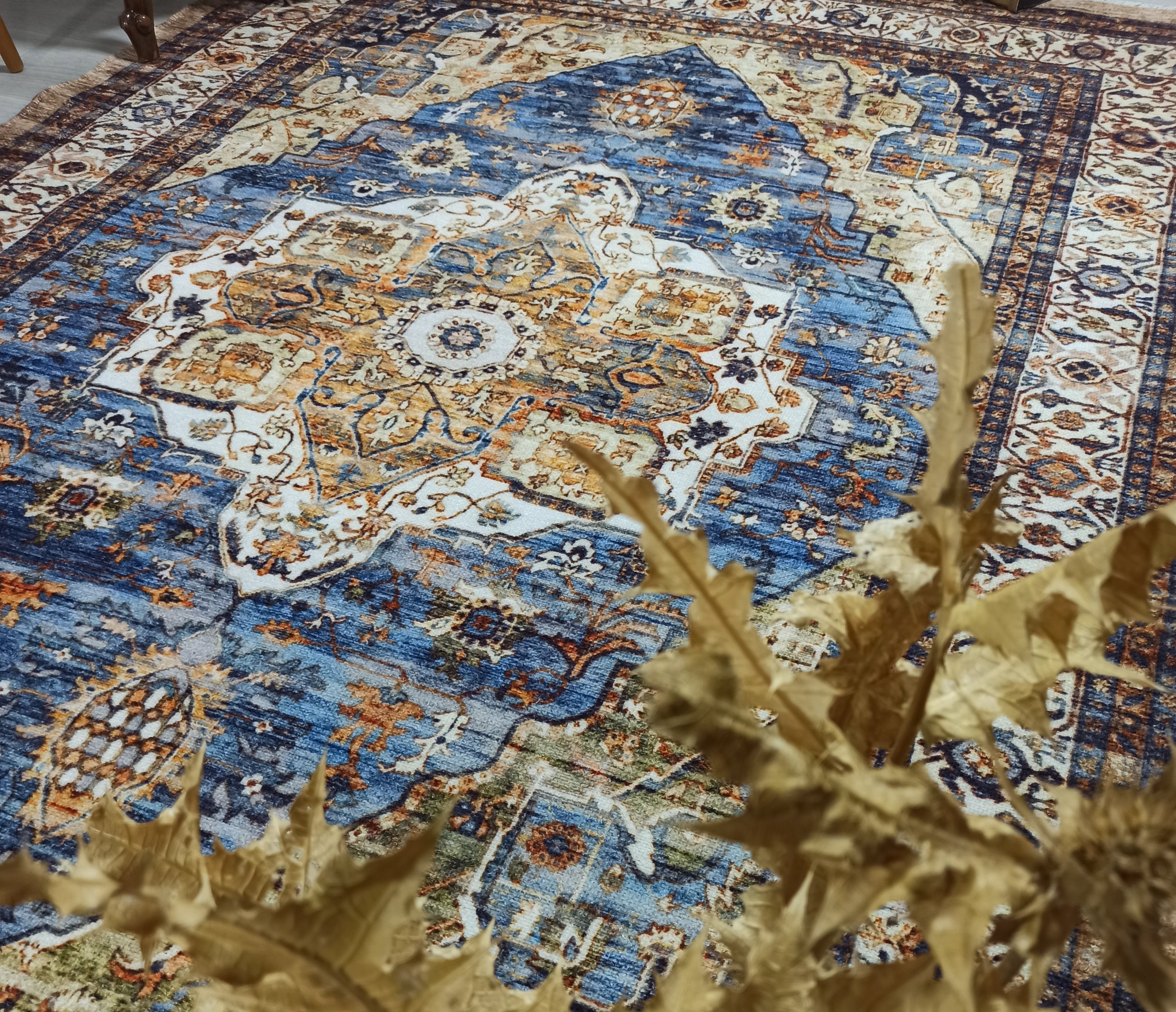 Nuran Turkish Vintage Medallion Style Brown Navy Blue Rug